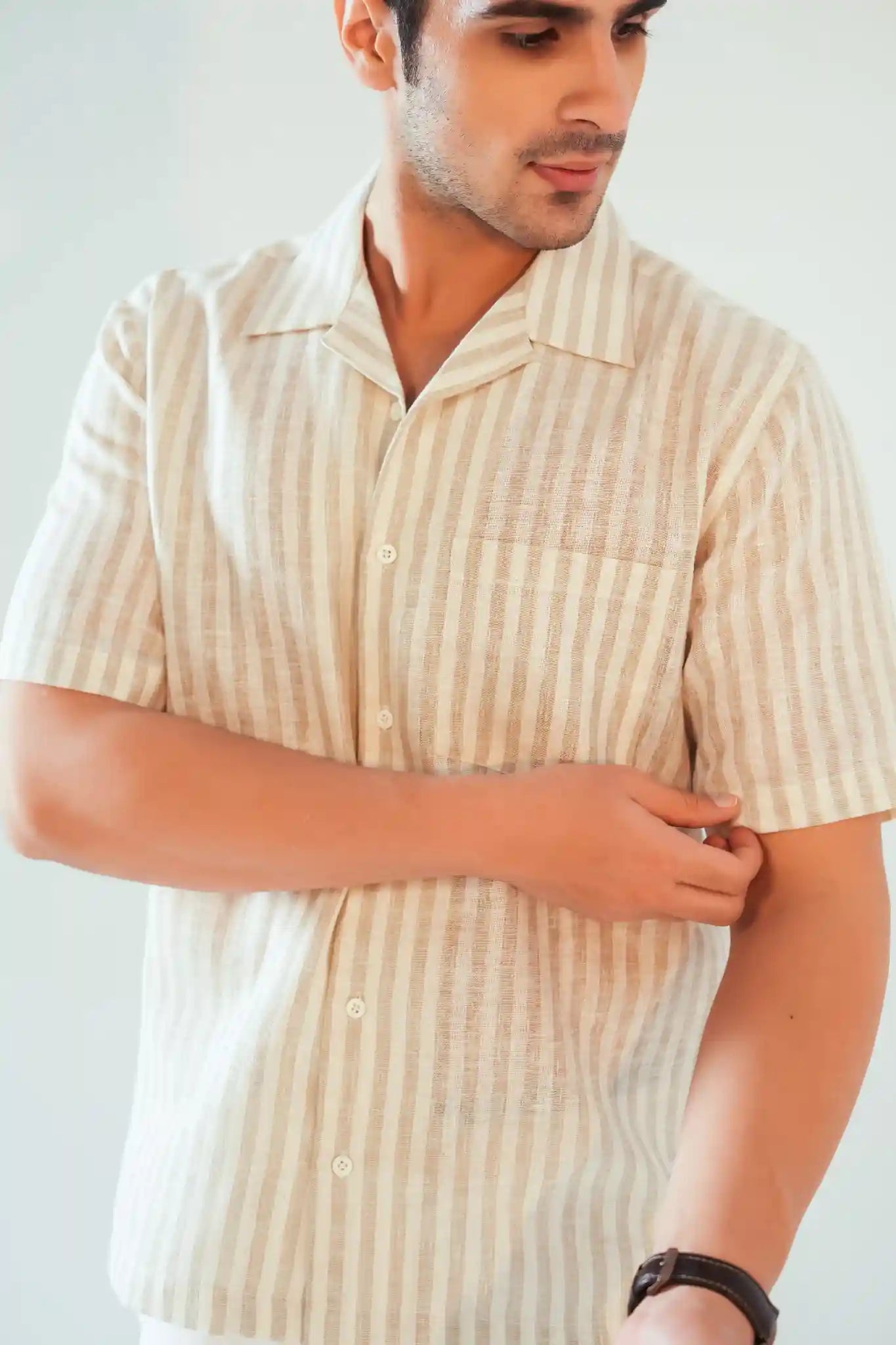 Beige Striped Linen Blend Oversized Shirt