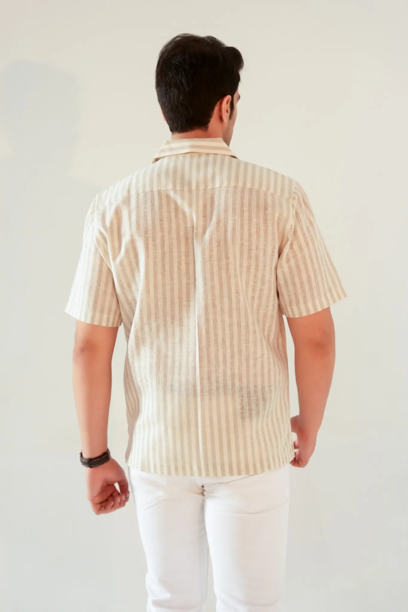 Beige Striped Linen Blend Oversized Shirt
