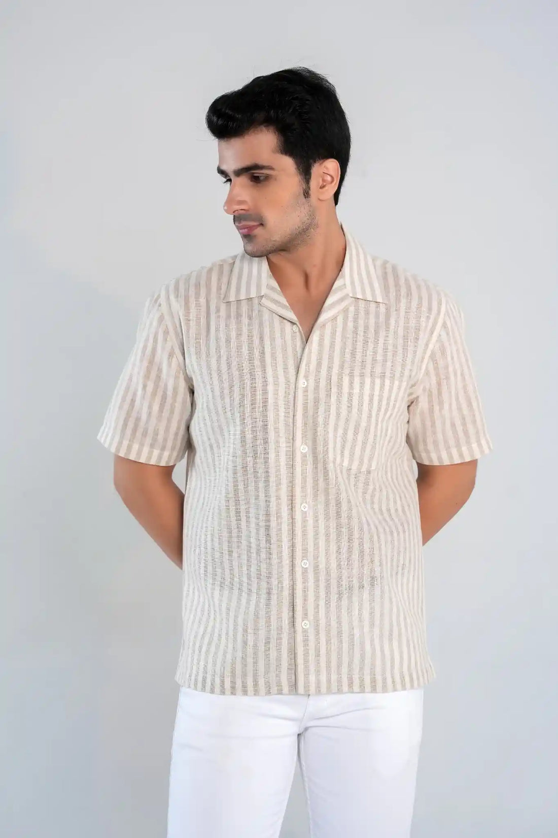 Beige Striped Linen Blend Oversized Shirt