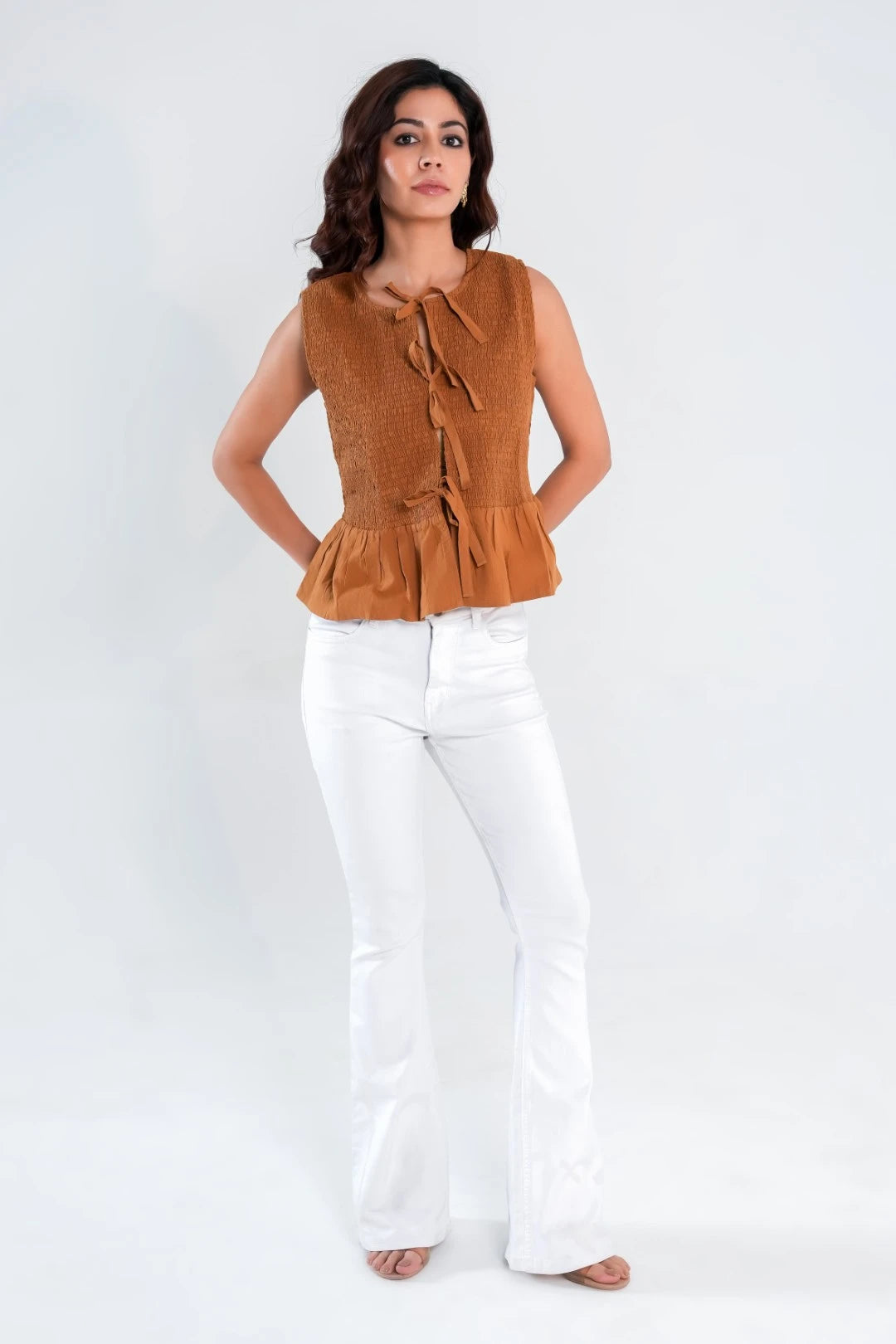 Brown Textured Smocked Sleeveless Top with Tie Front