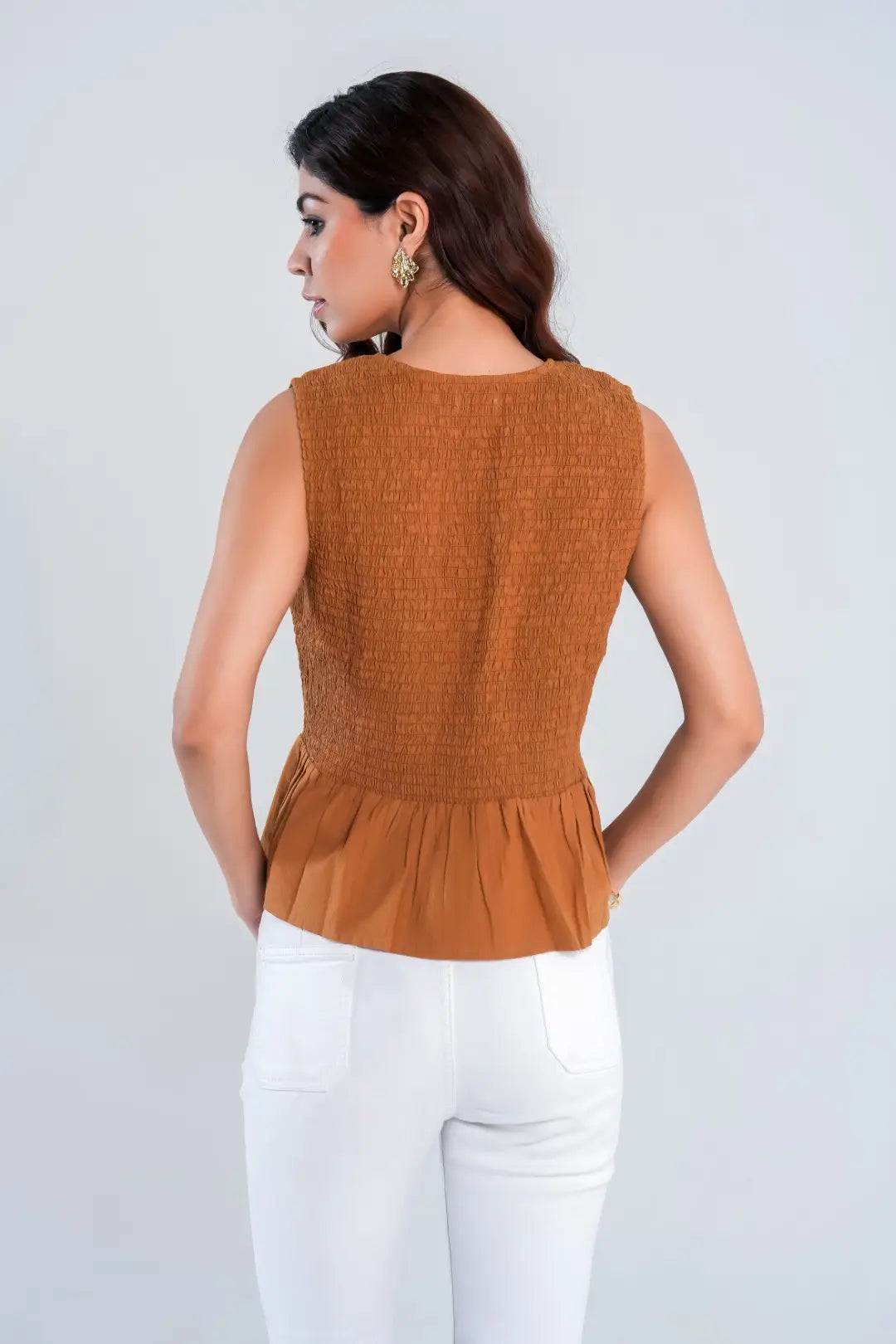 Brown Textured Smocked Sleeveless Top with Tie Front