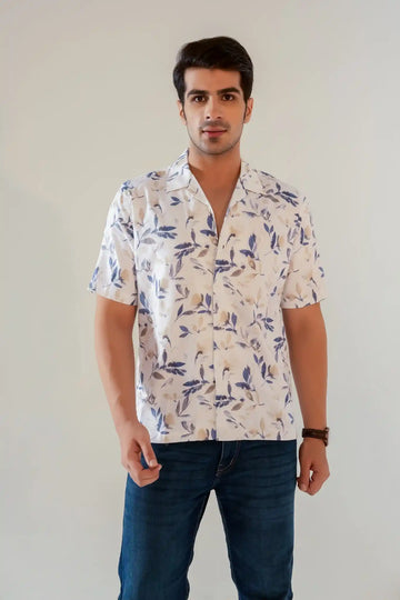 White & Blue Leaf Print Oversized Summer Shirt