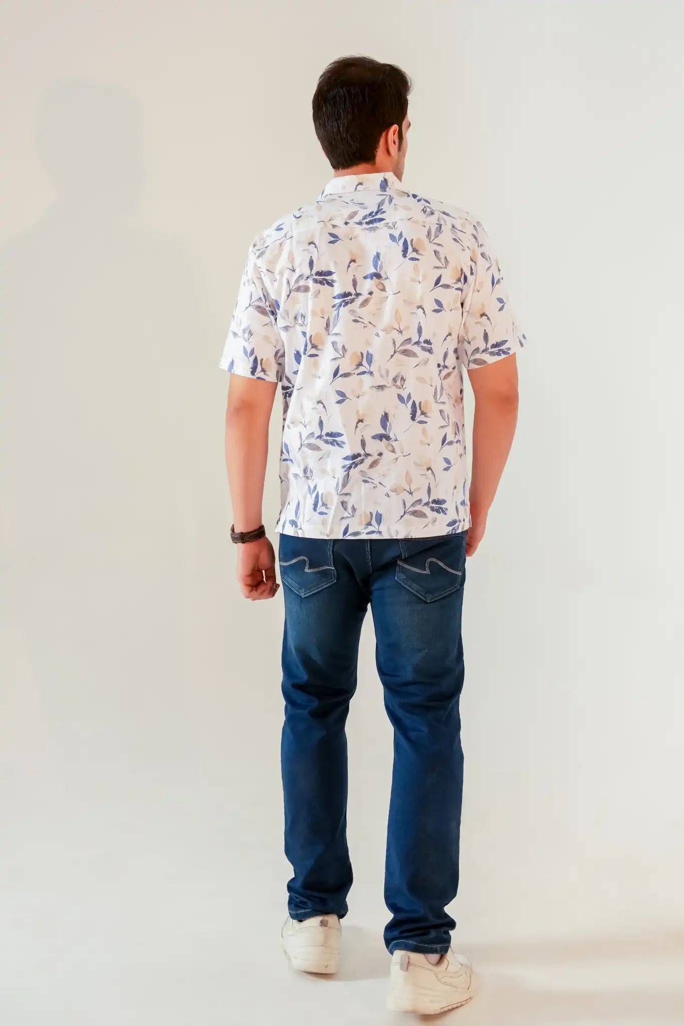 White & Blue Leaf Print Oversized Summer Shirt