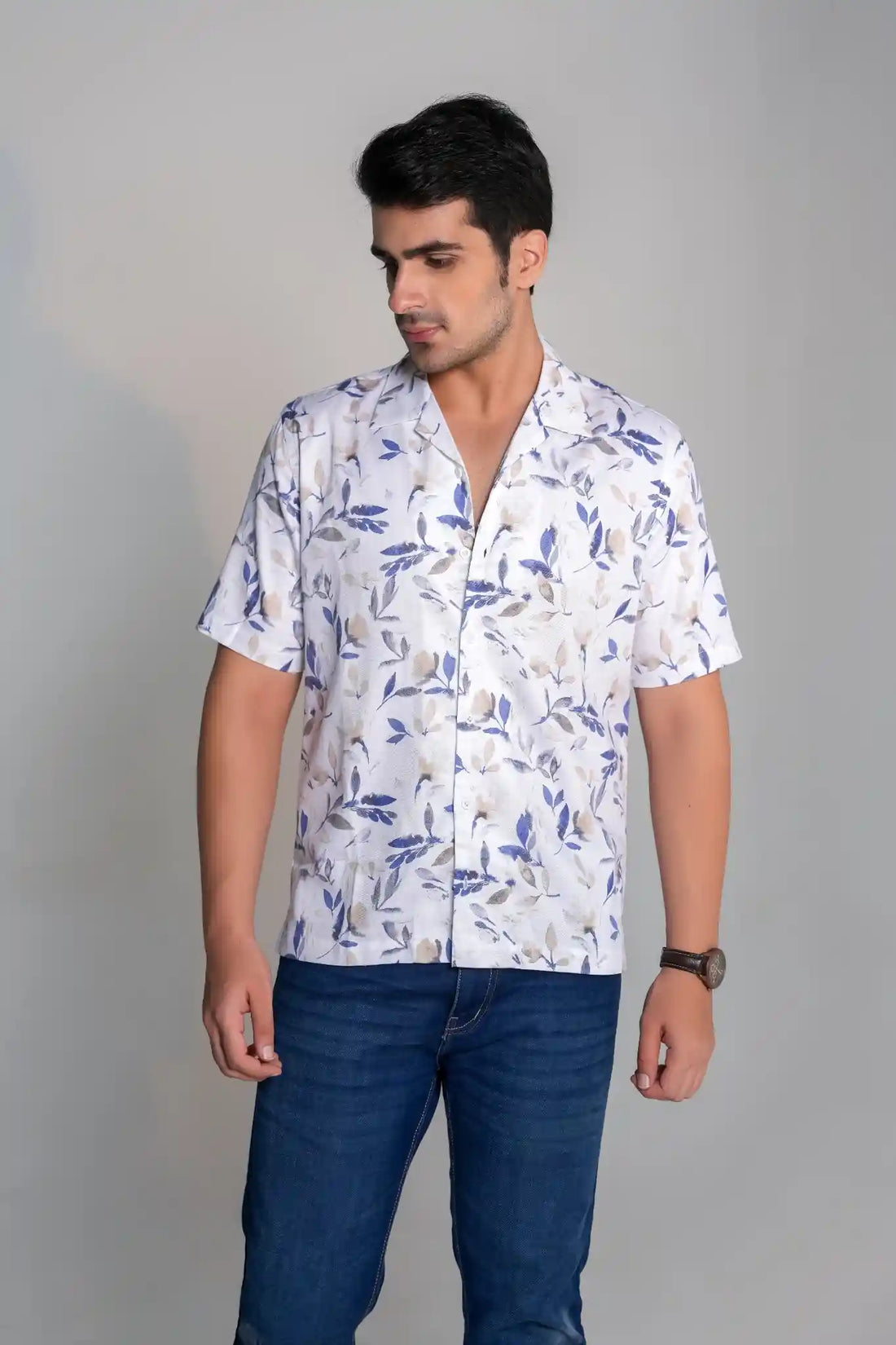 White & Blue Leaf Print Oversized Summer Shirt