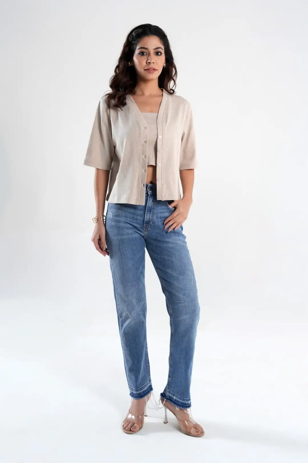 Beige Knit Bandeau & Cardigan Set