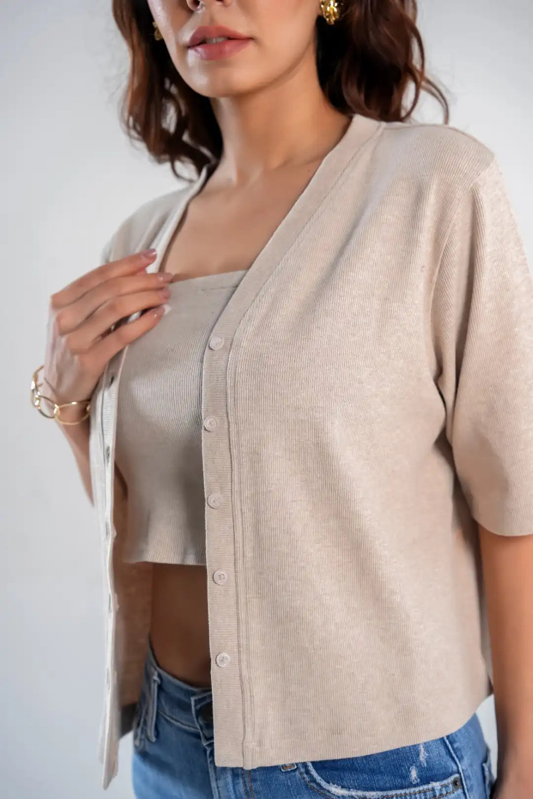 Beige Knit Bandeau & Cardigan Set