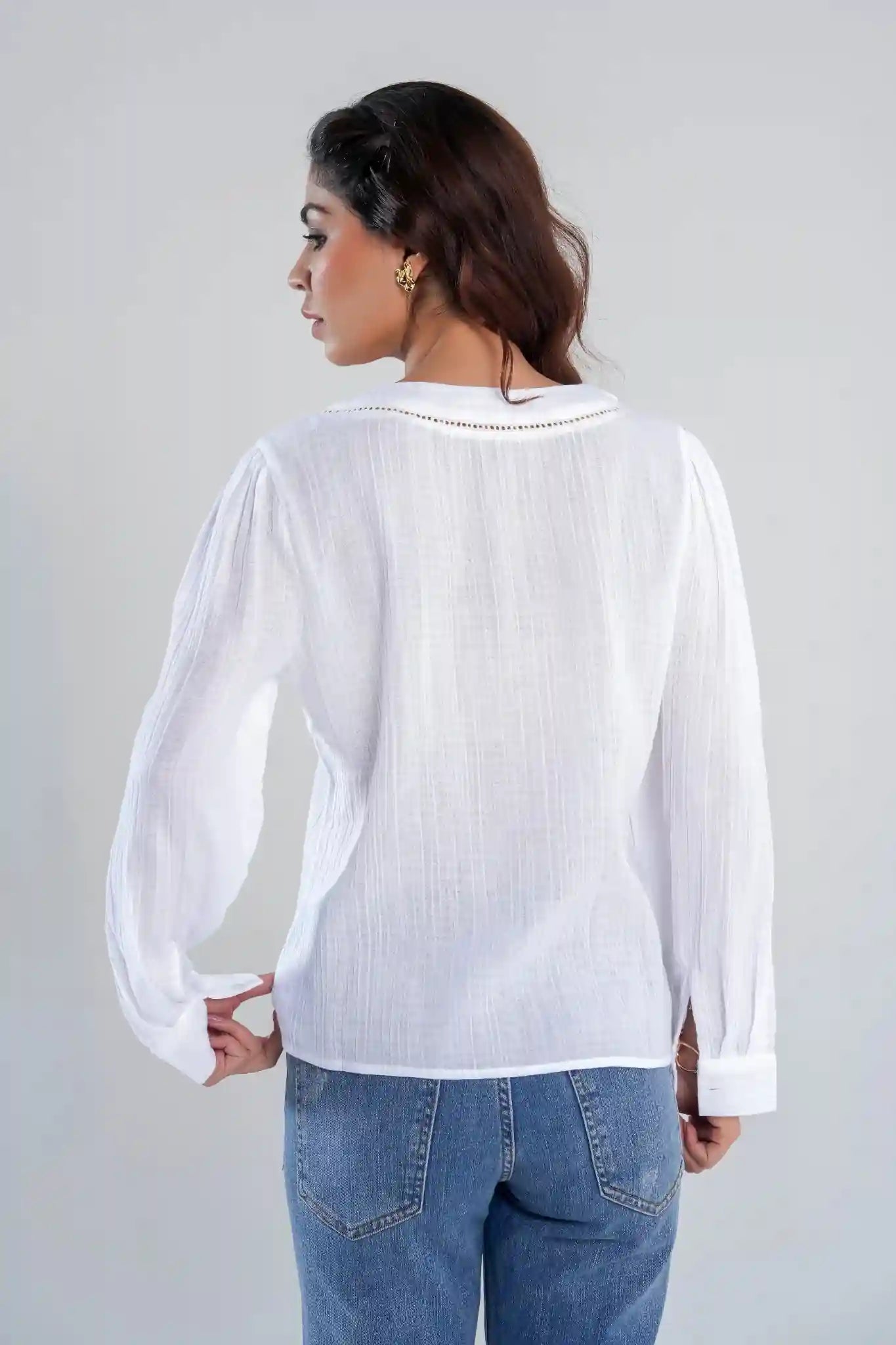 White Textured Cotton Long Sleeve Shirt with Embroidered Neckline