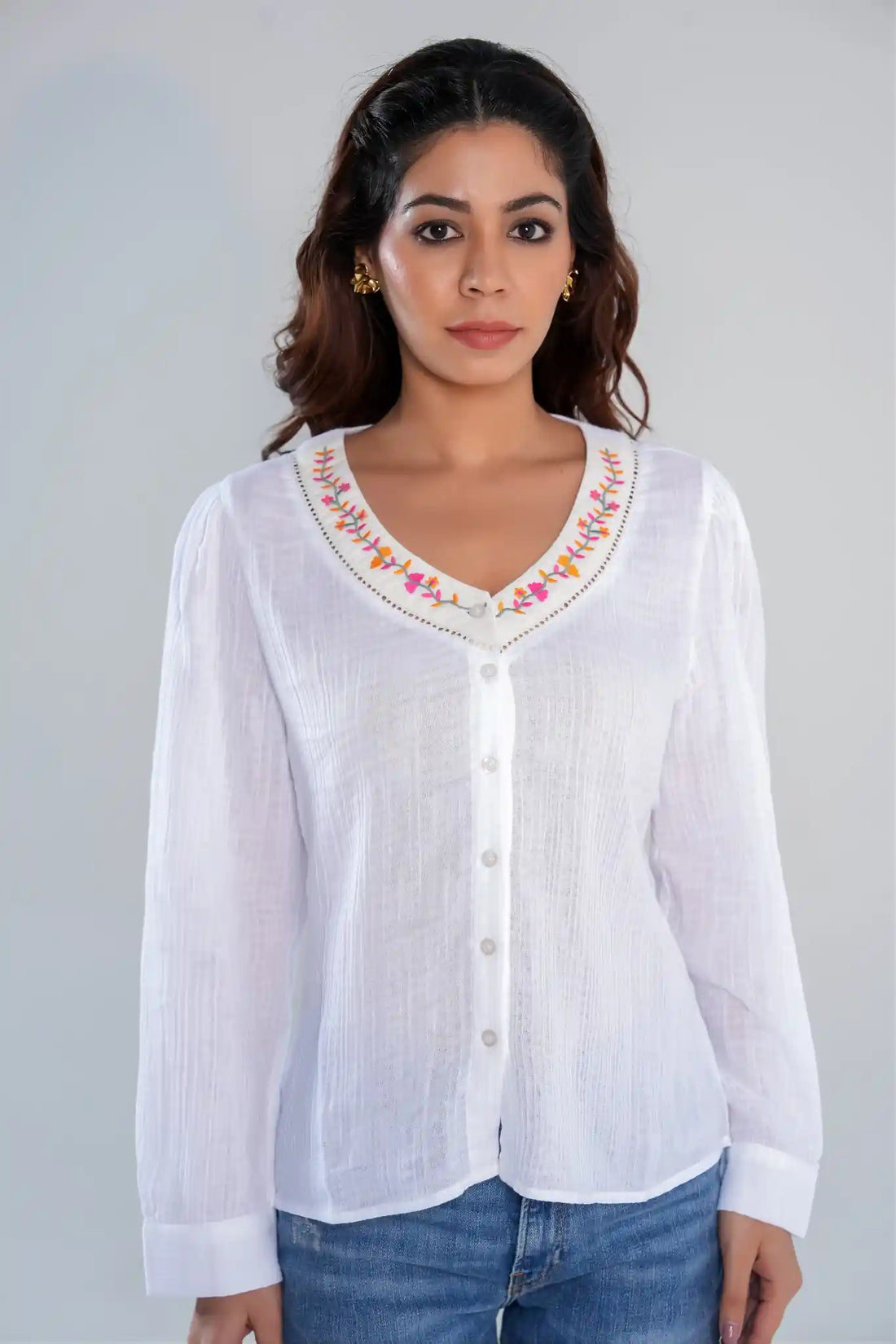 White Textured Cotton Long Sleeve Shirt with Embroidered Neckline