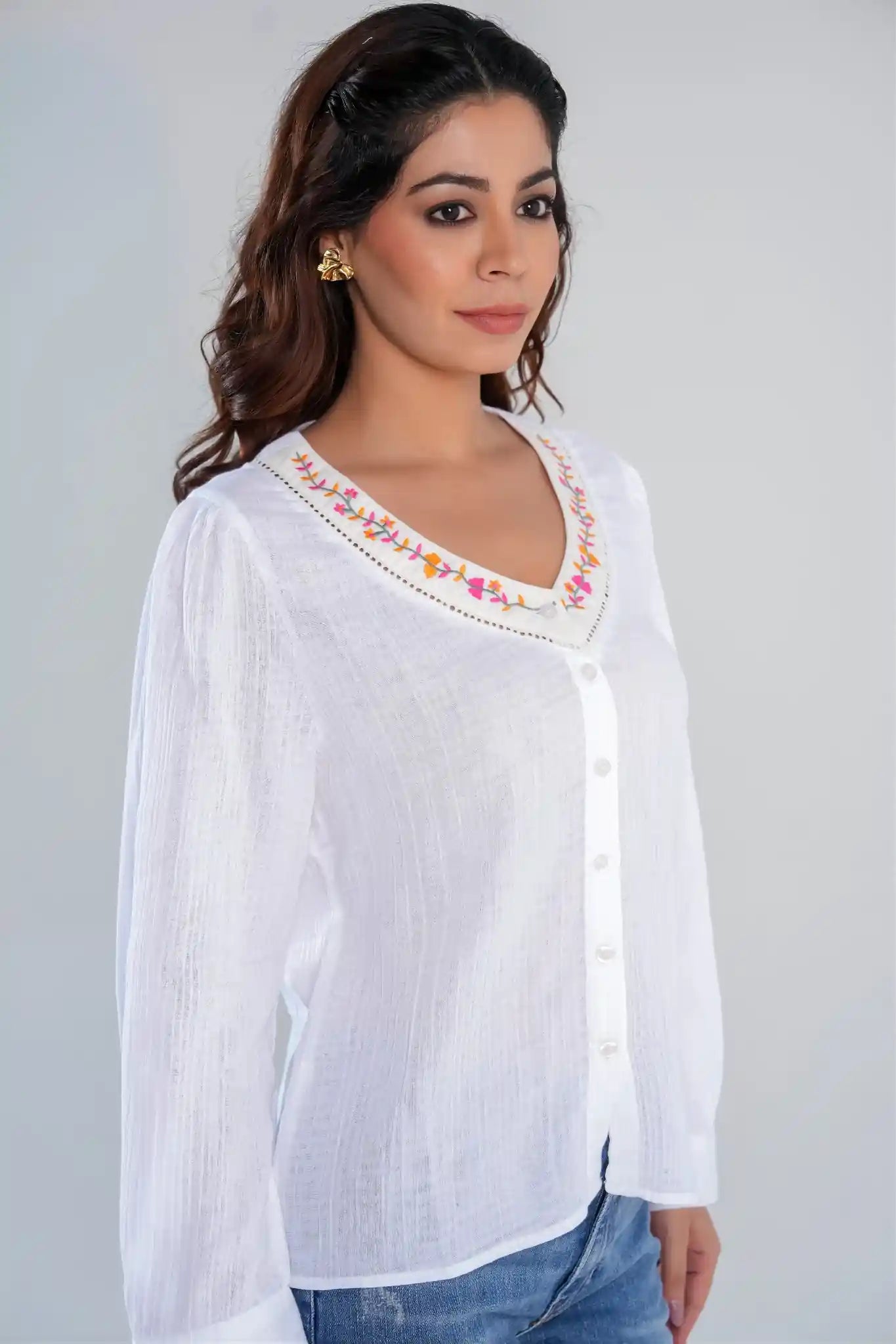 White Textured Cotton Long Sleeve Shirt with Embroidered Neckline
