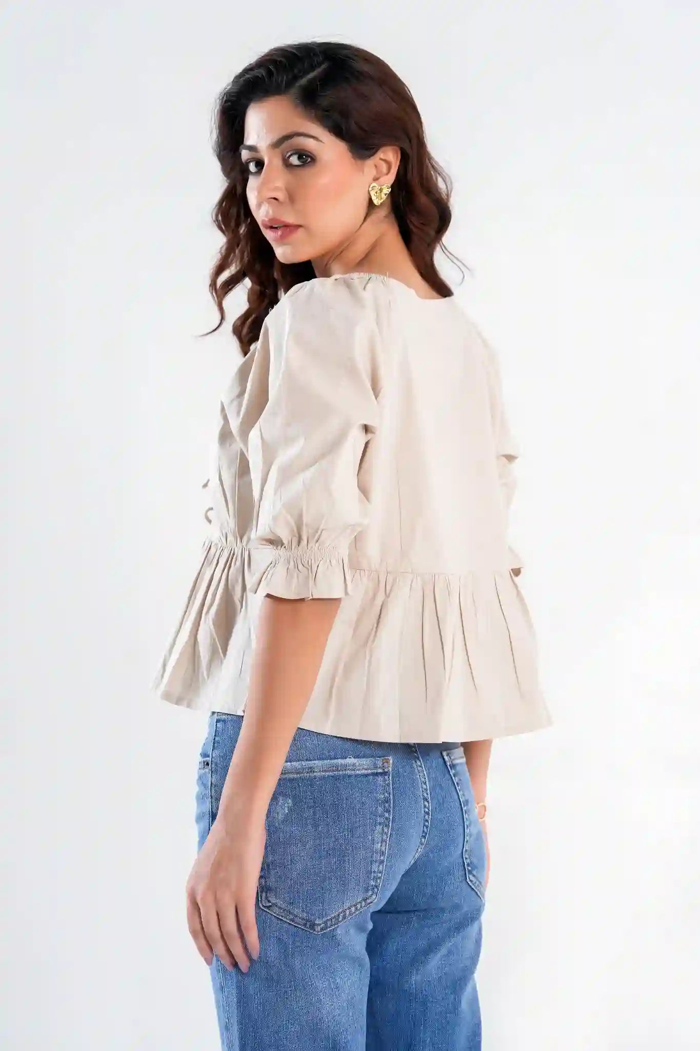 Beige Cotton Peplum Top with Tie Front and Puff Sleeves