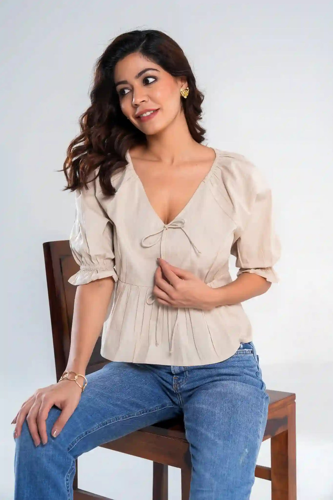 Beige Cotton Peplum Top with Tie Front and Puff Sleeves