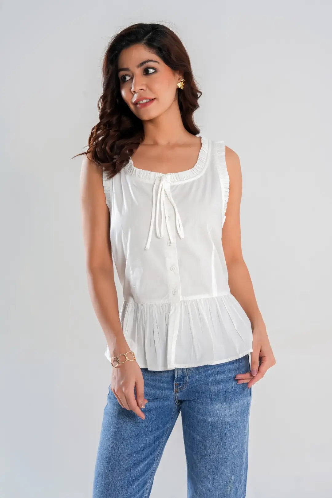 White Sleeveless Peplum Button Up Top with Frill detail