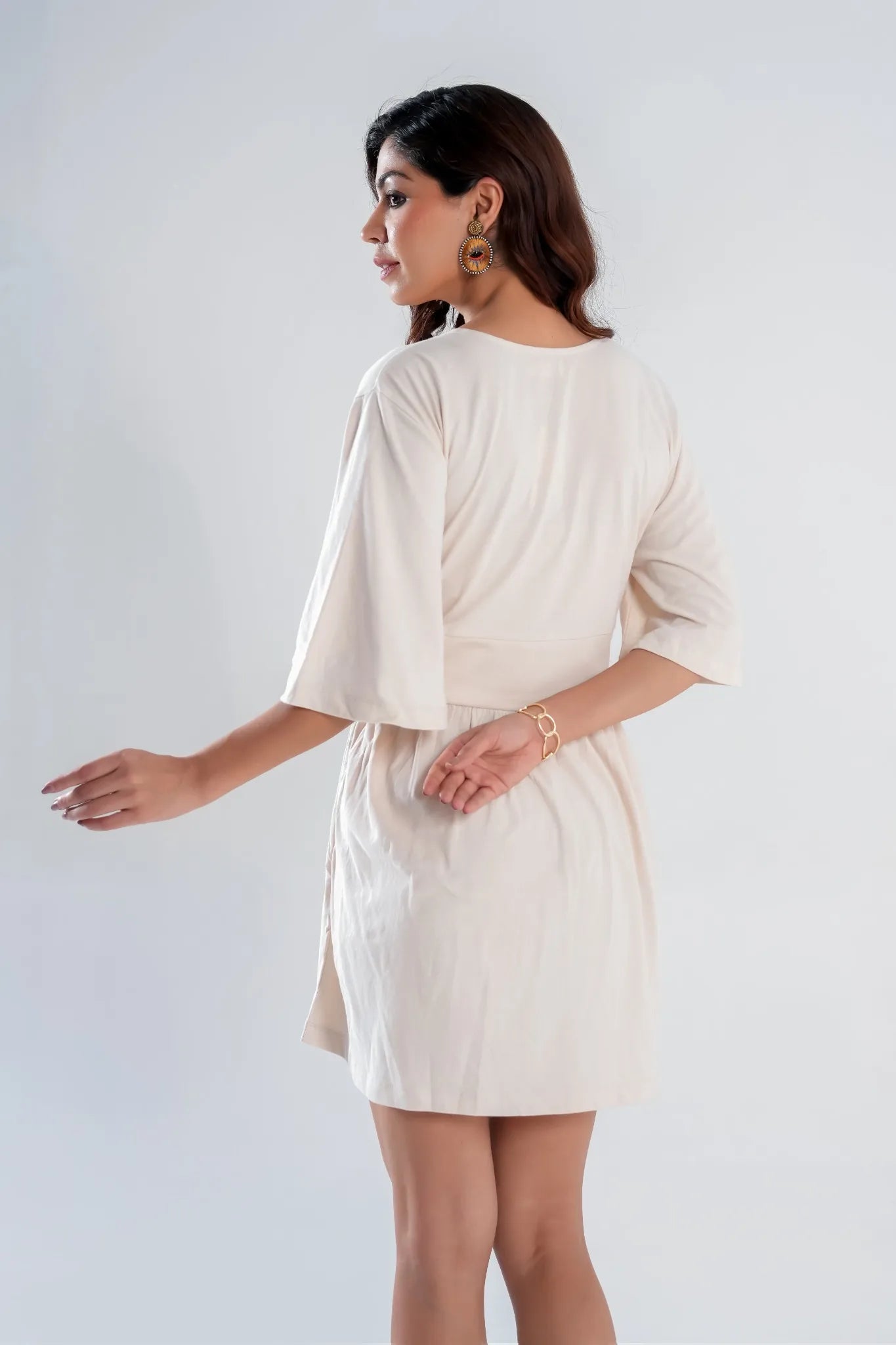 Women's Beige Wrap Mini Dress with Kimono Sleeves and Ruched Waist