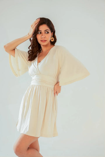 Women's Beige Wrap Mini Dress with Kimono Sleeves and Ruched Waist
