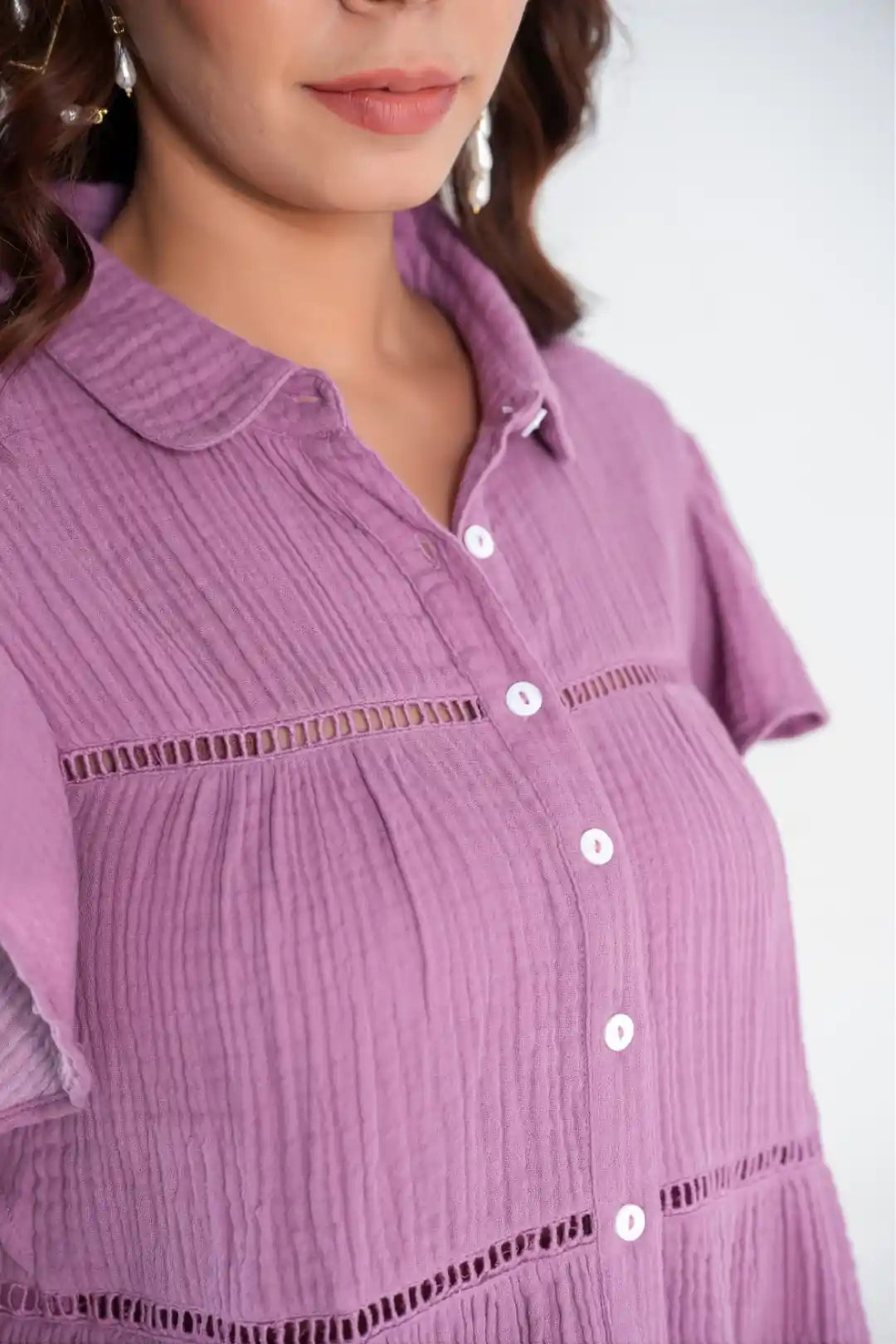 Purple Cotton lace Insert Ruffle Sleeve Button-Down Top
