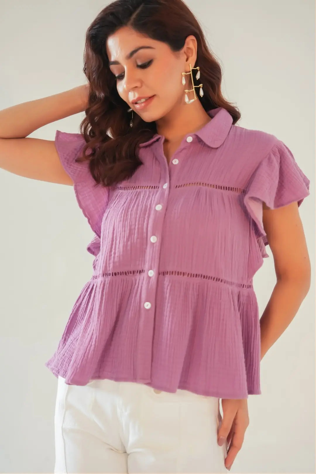 Purple Cotton lace Insert Ruffle Sleeve Button-Down Top