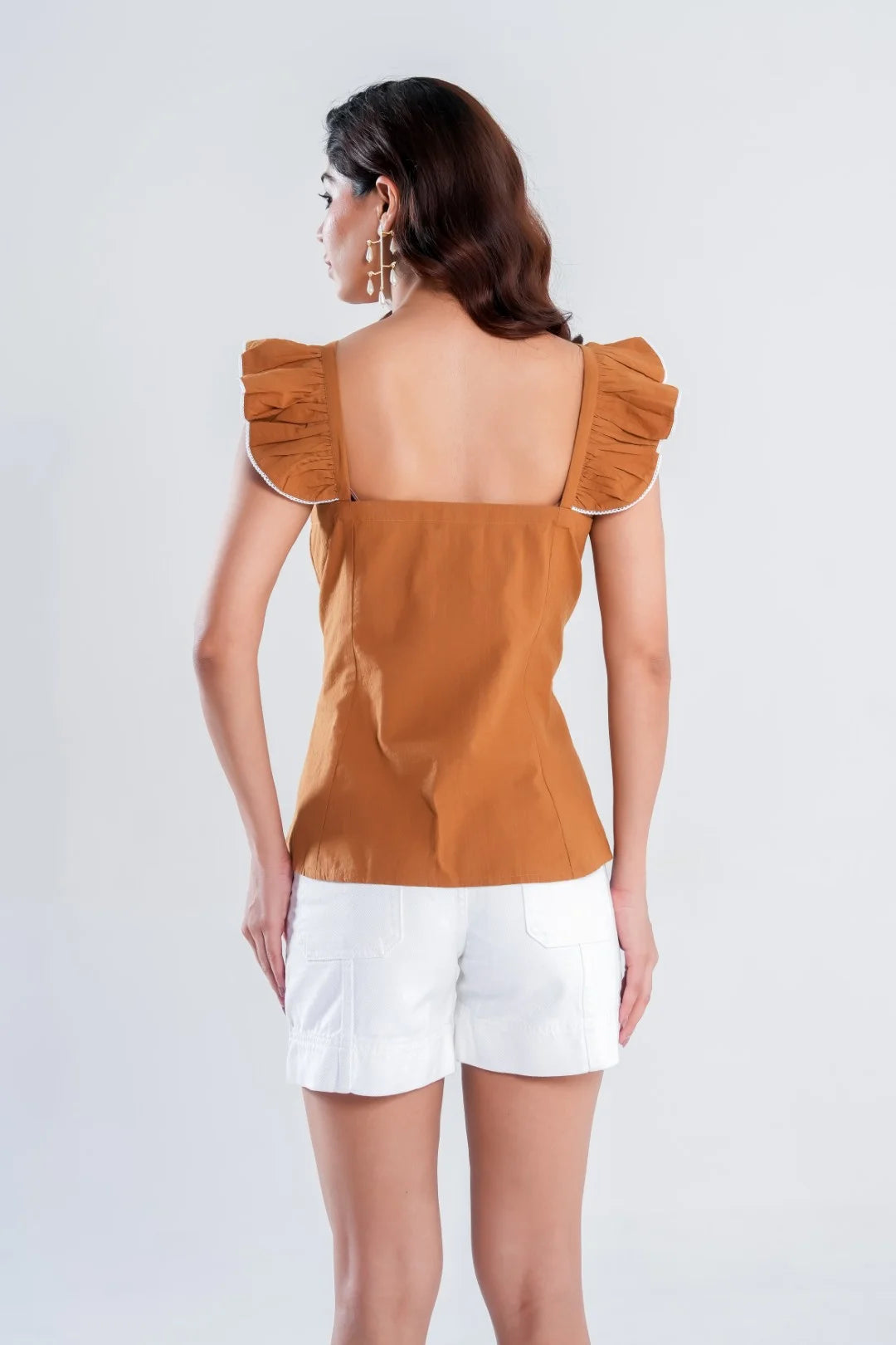 Brown Textured Cotton Button-Down Top with Ruffled Neck & Sleeve