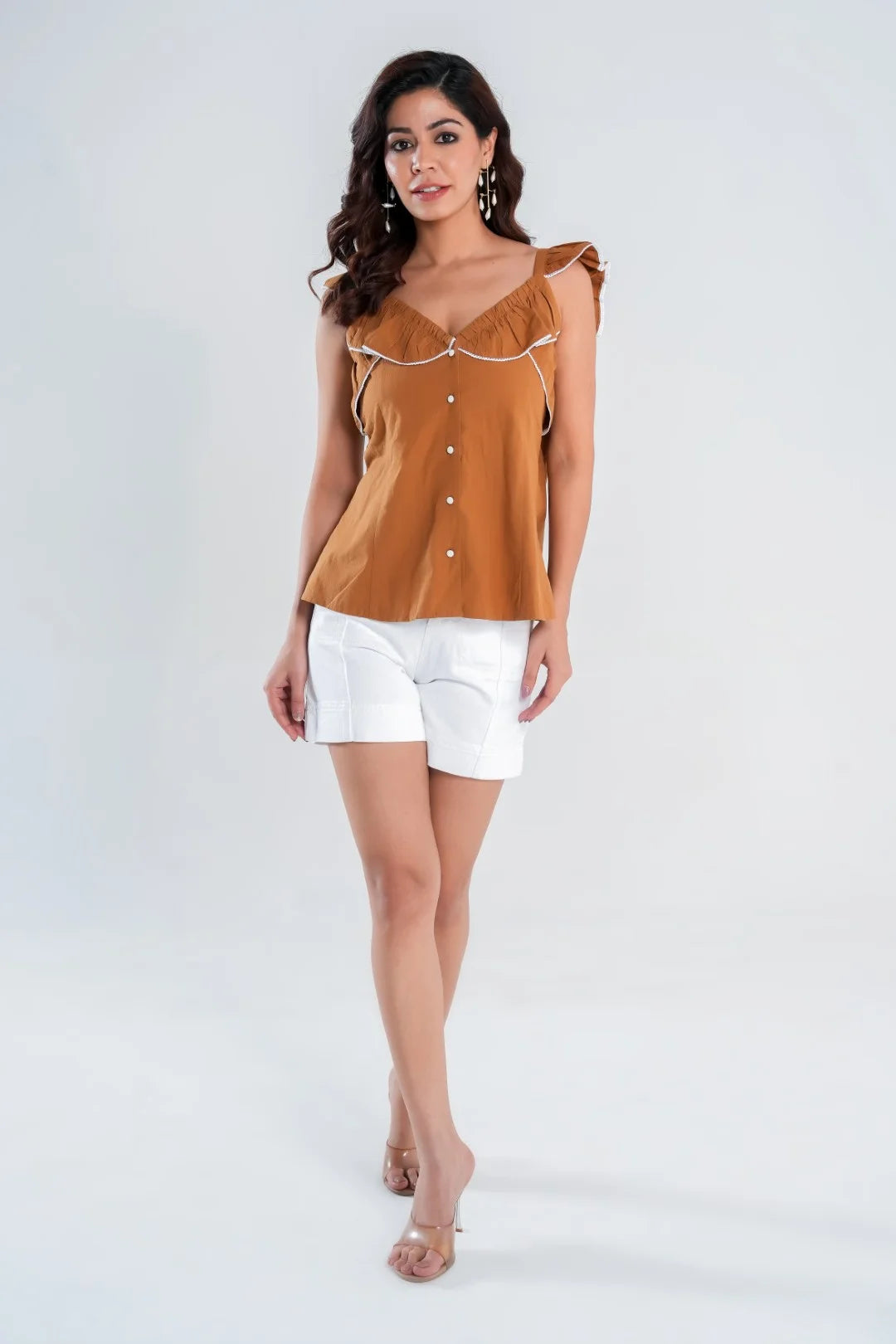 Brown Textured Cotton Button-Down Top with Ruffled Neck & Sleeve