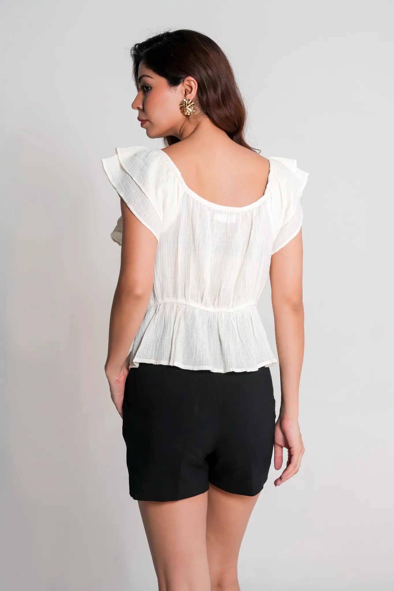 Off-White Cotton Ruffle Sleeve Peplum Top