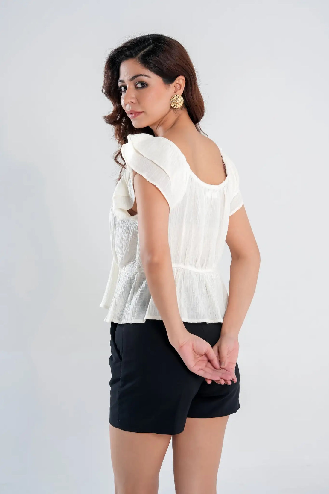 Off-White Cotton Ruffle Sleeve Peplum Top