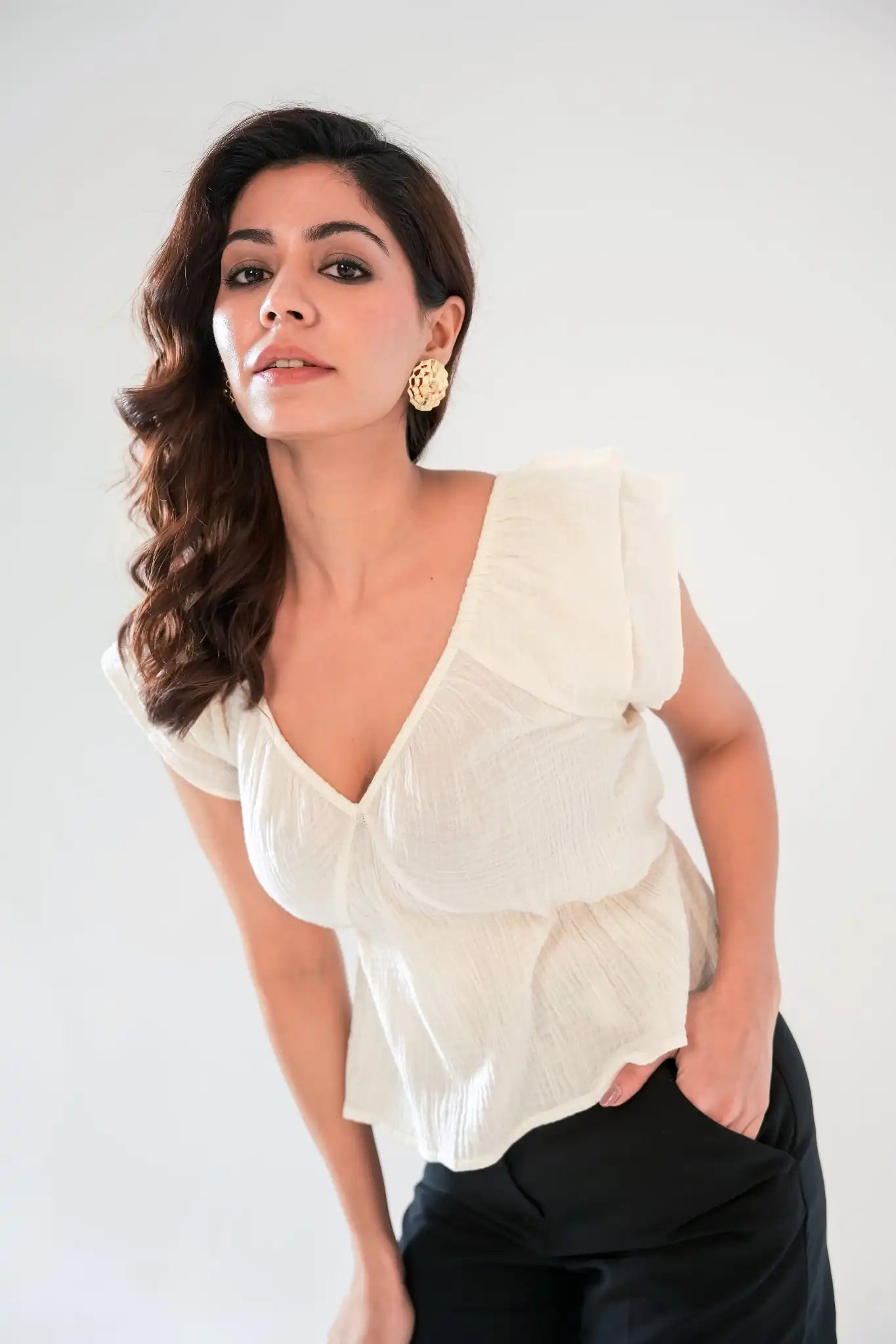 Off-White Cotton Ruffle Sleeve Peplum Top