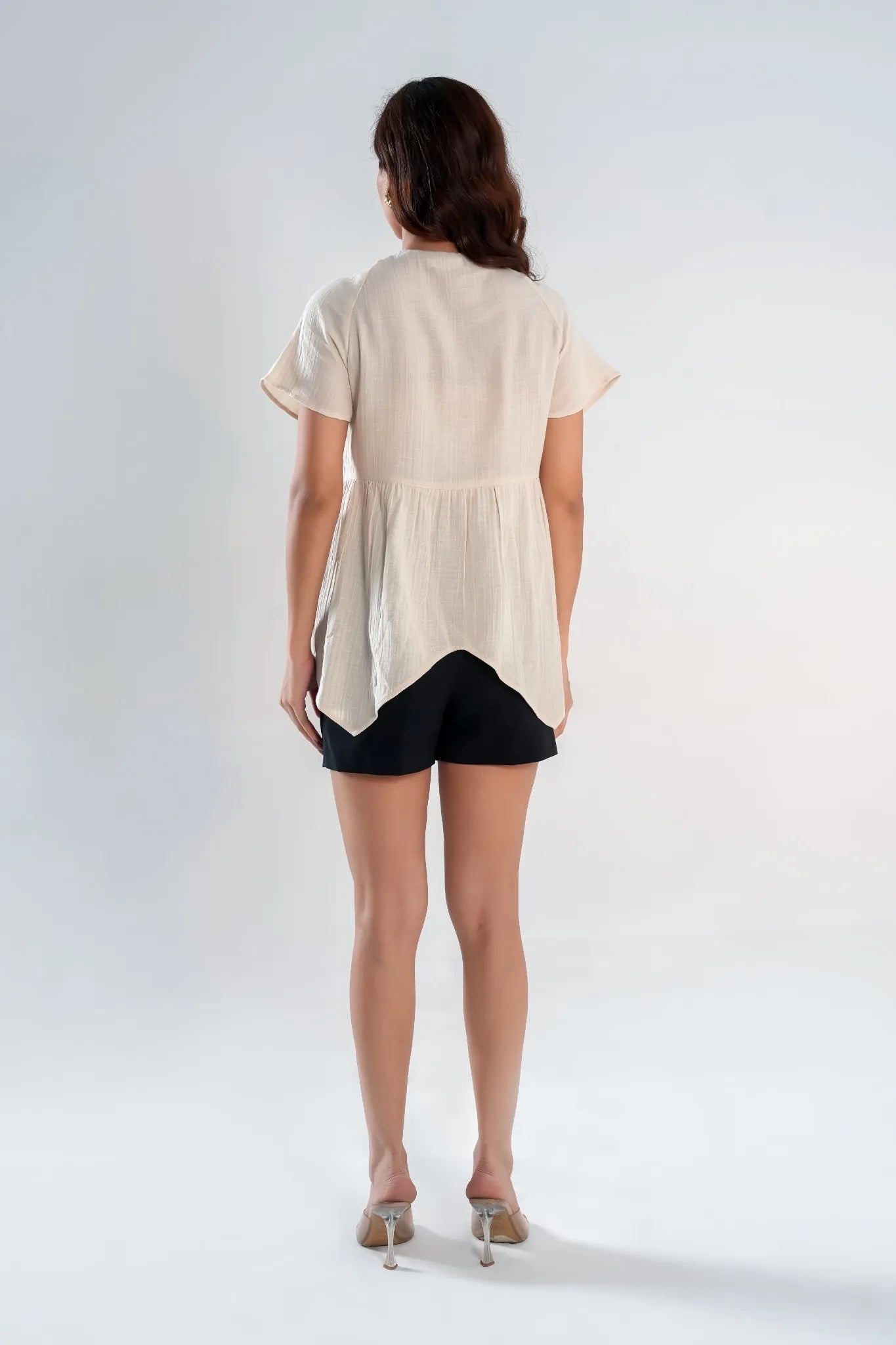 Beige Textured Cotton Asymmetrical Hem Button-Down Top