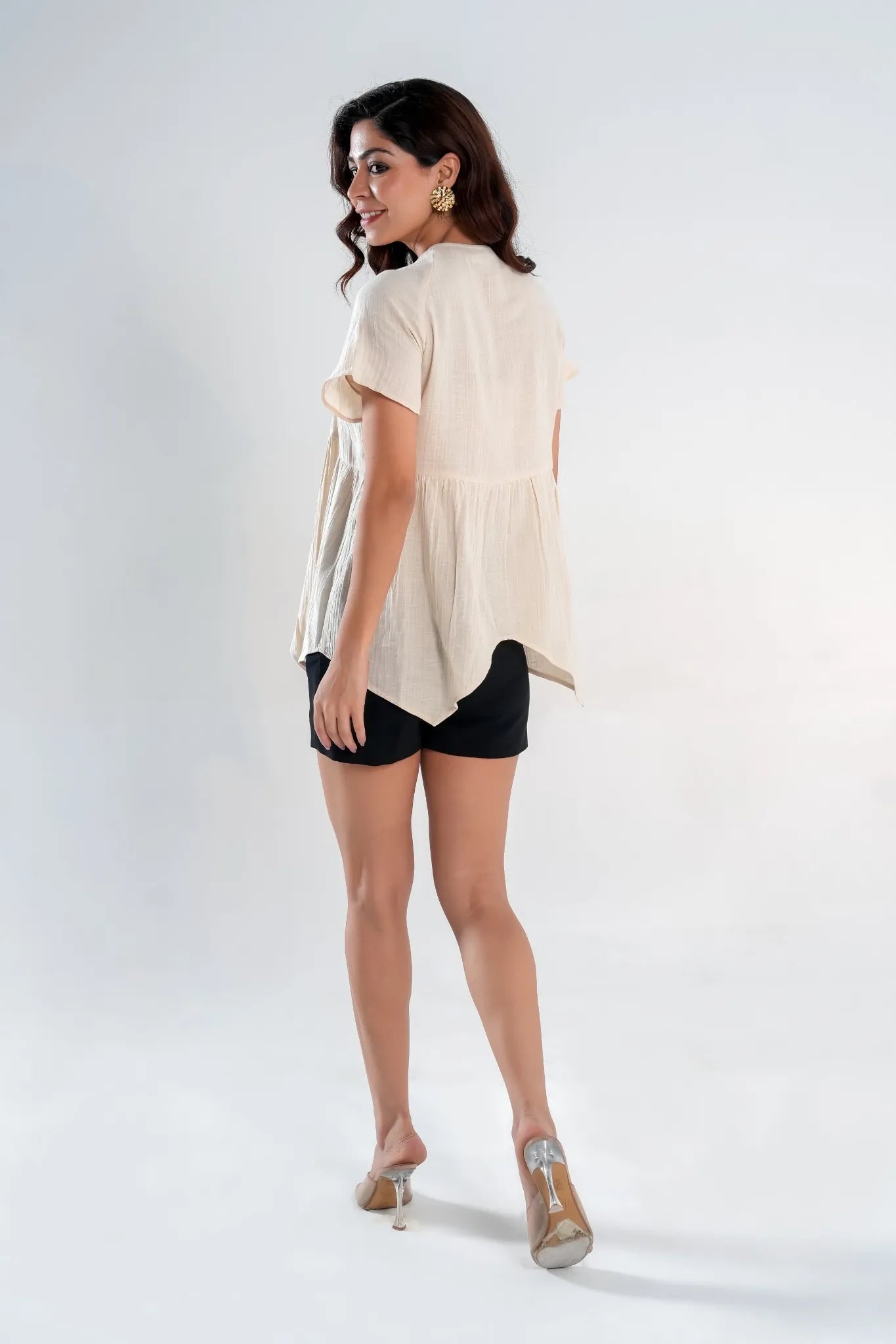 Beige Textured Cotton Asymmetrical Hem Button-Down Top
