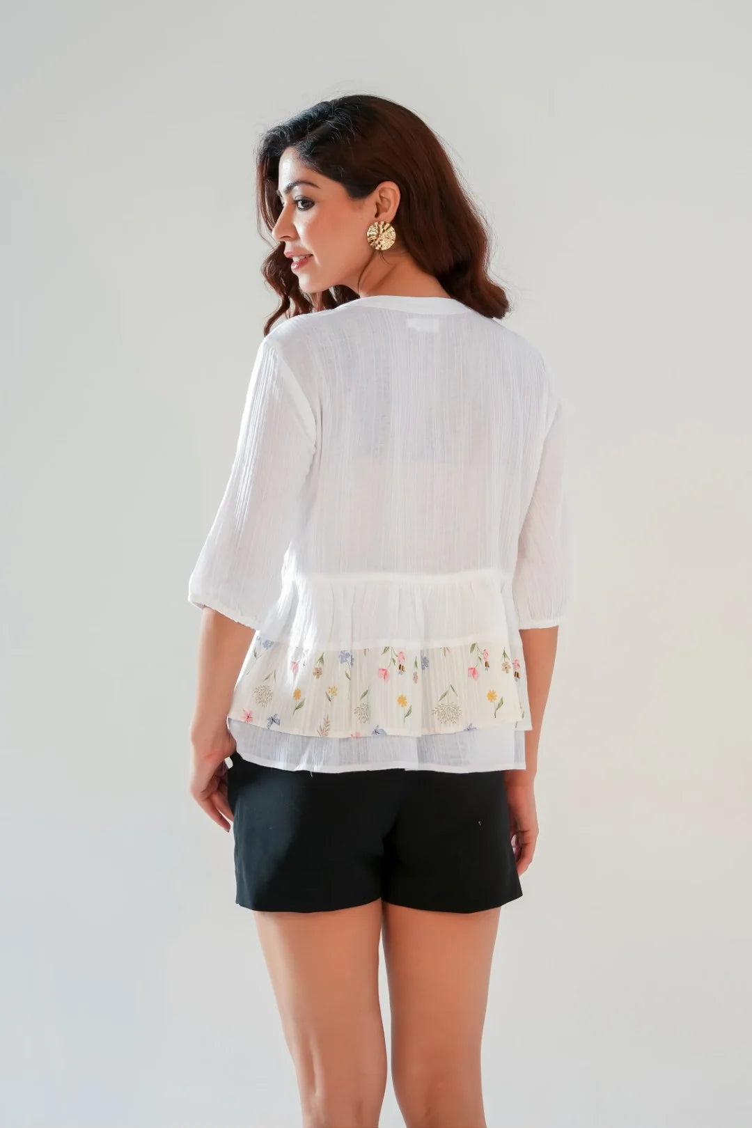 White Cotton Peplum Top with Floral Print