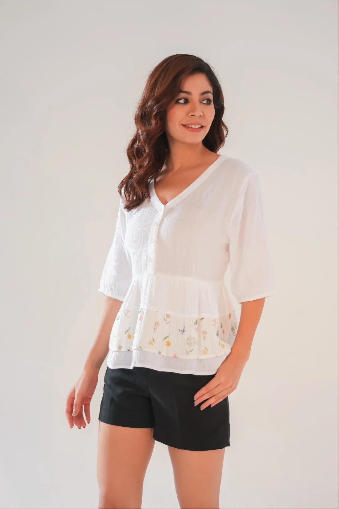 White Cotton Peplum Top with Floral Print