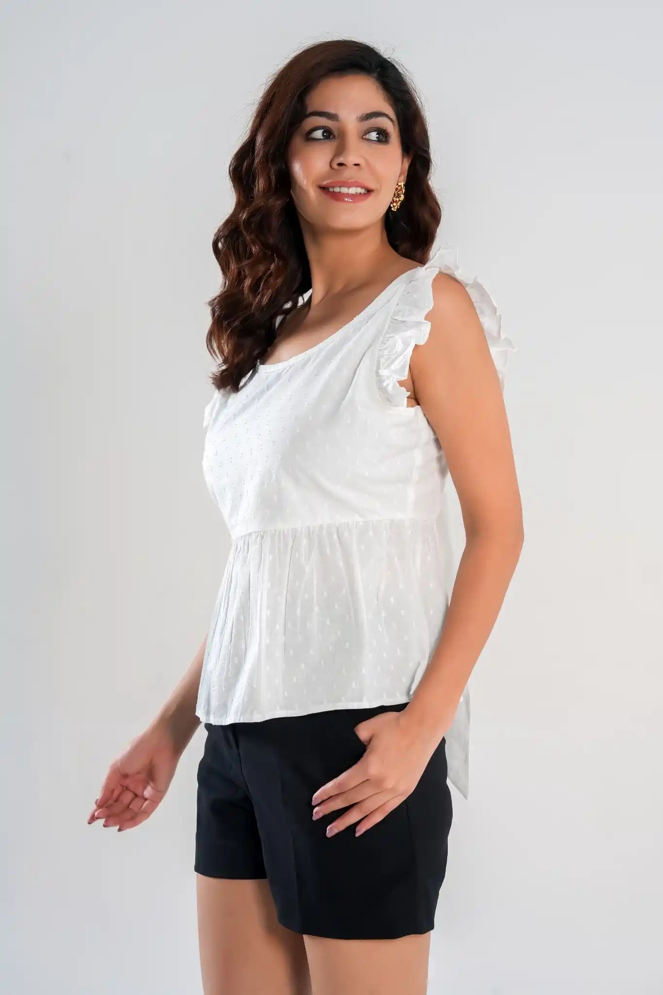 White Swiss Dot Ruffle Sleeve Peplum Top with Back Bow