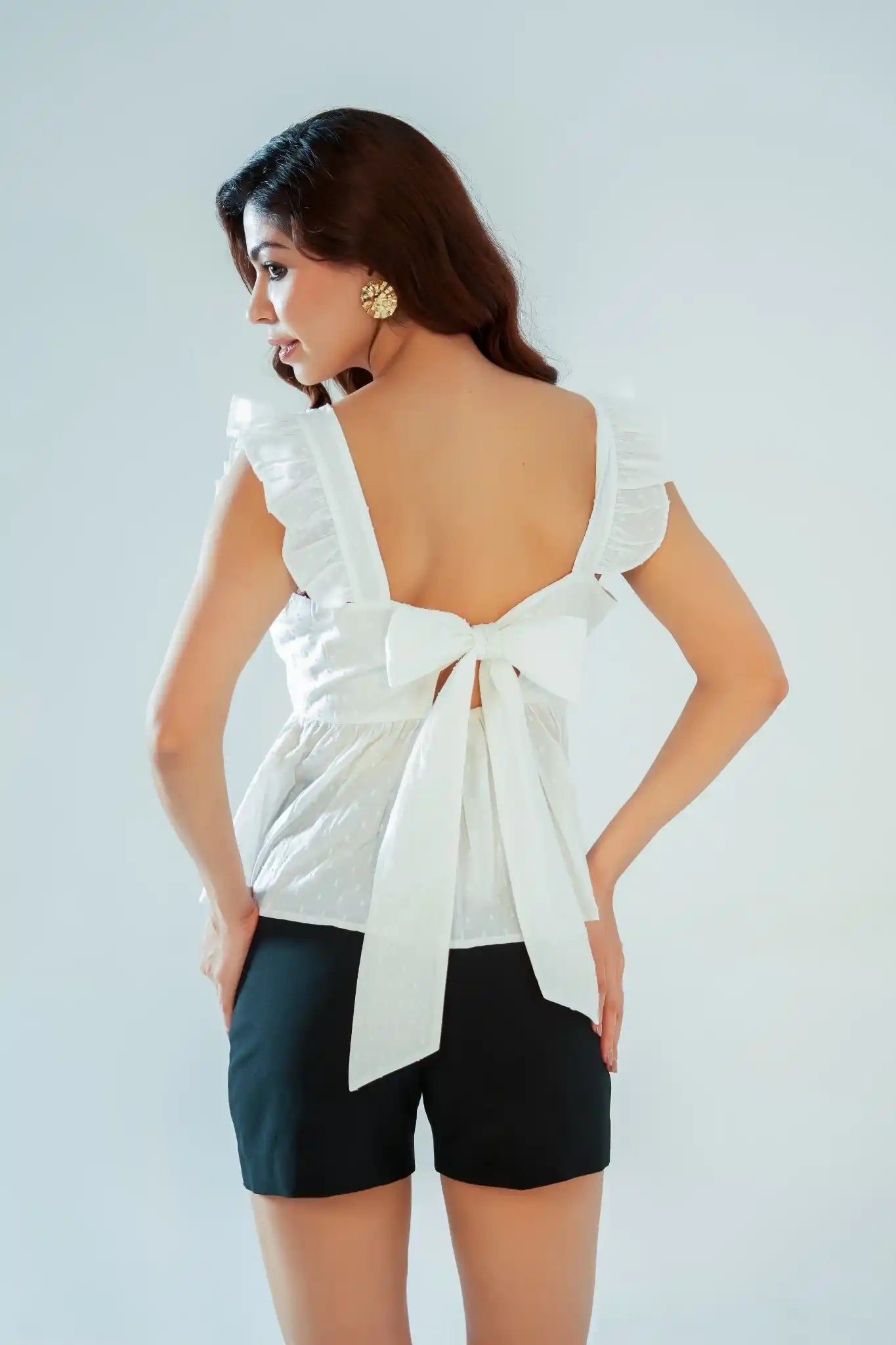 White Swiss Dot Ruffle Sleeve Peplum Top with Back Bow
