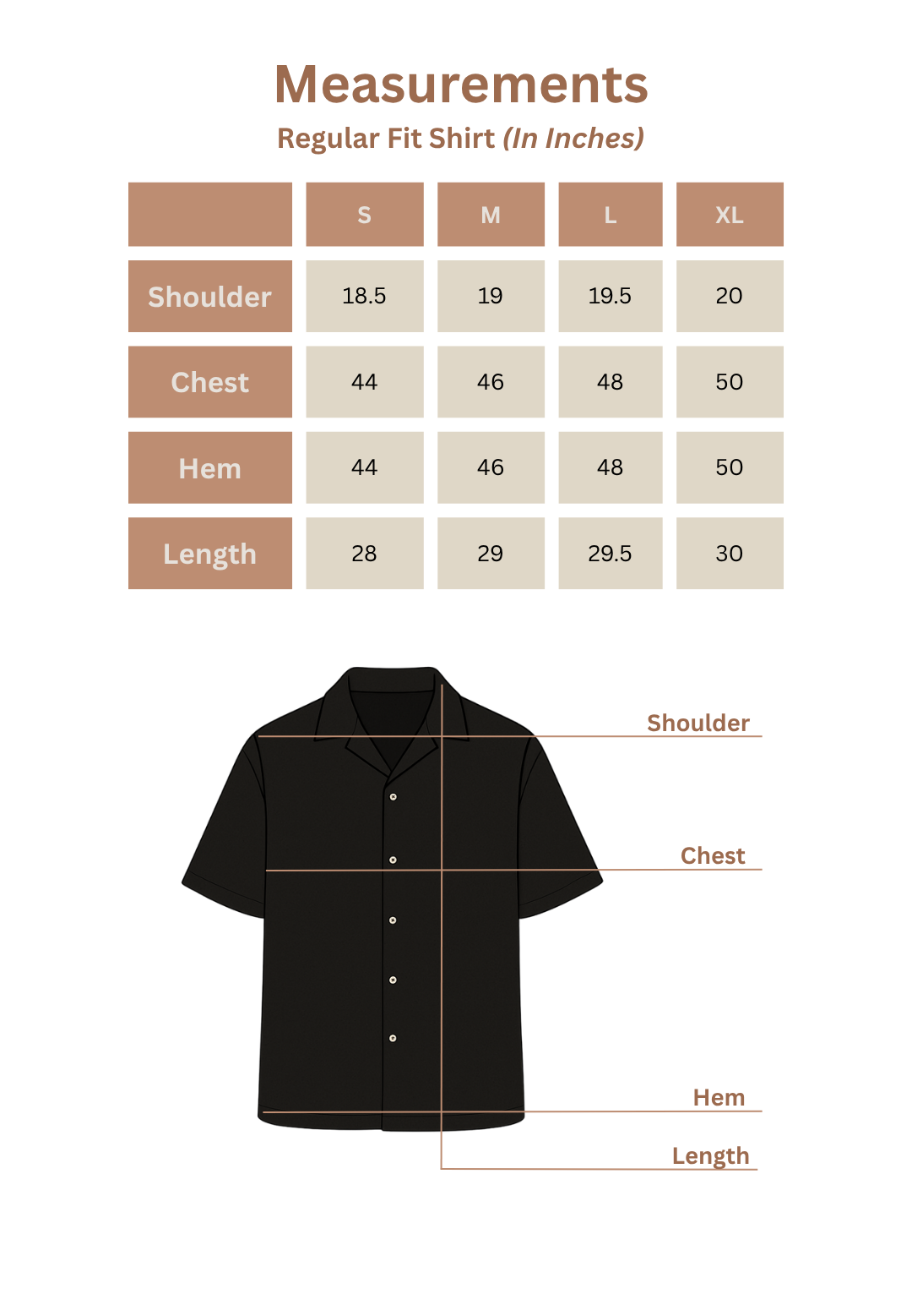 Measurement chart for regular fit shirts with a black shirt diagram on a white background