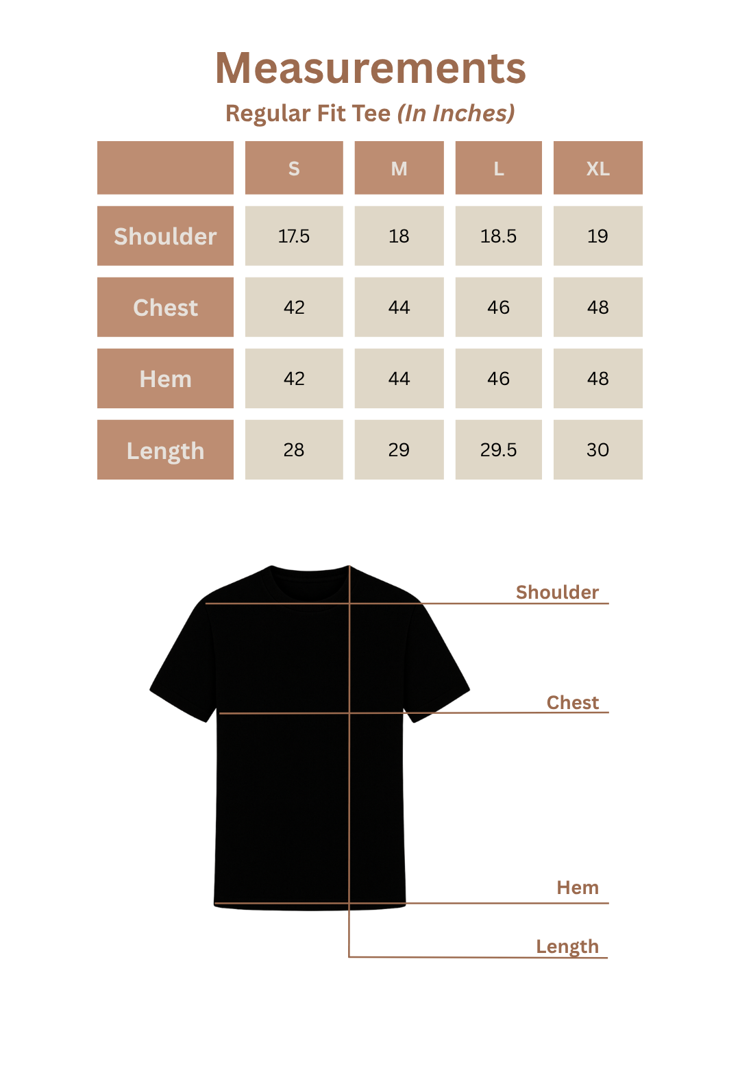 Measurement chart for a regular fit tee with a black t-shirt illustration and labeled dimensions.