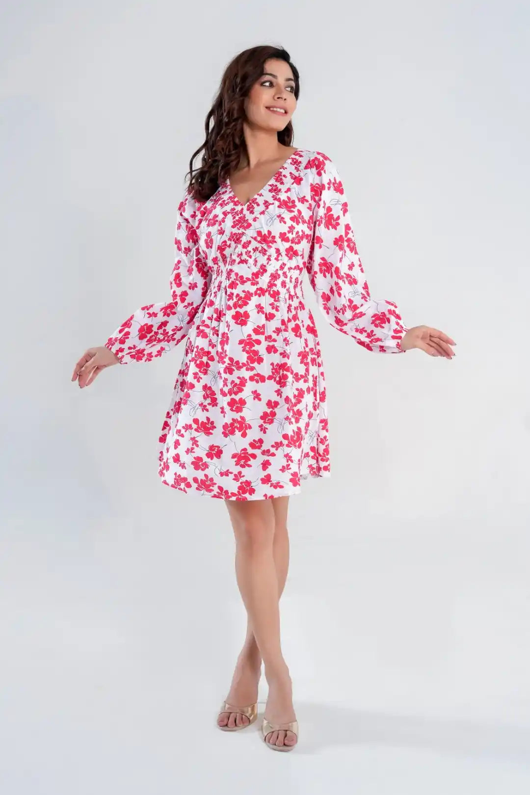 Women’s cottagecore sundress in white with red floral print, long puff sleeves and gathered waist – feminine and flowy look.
