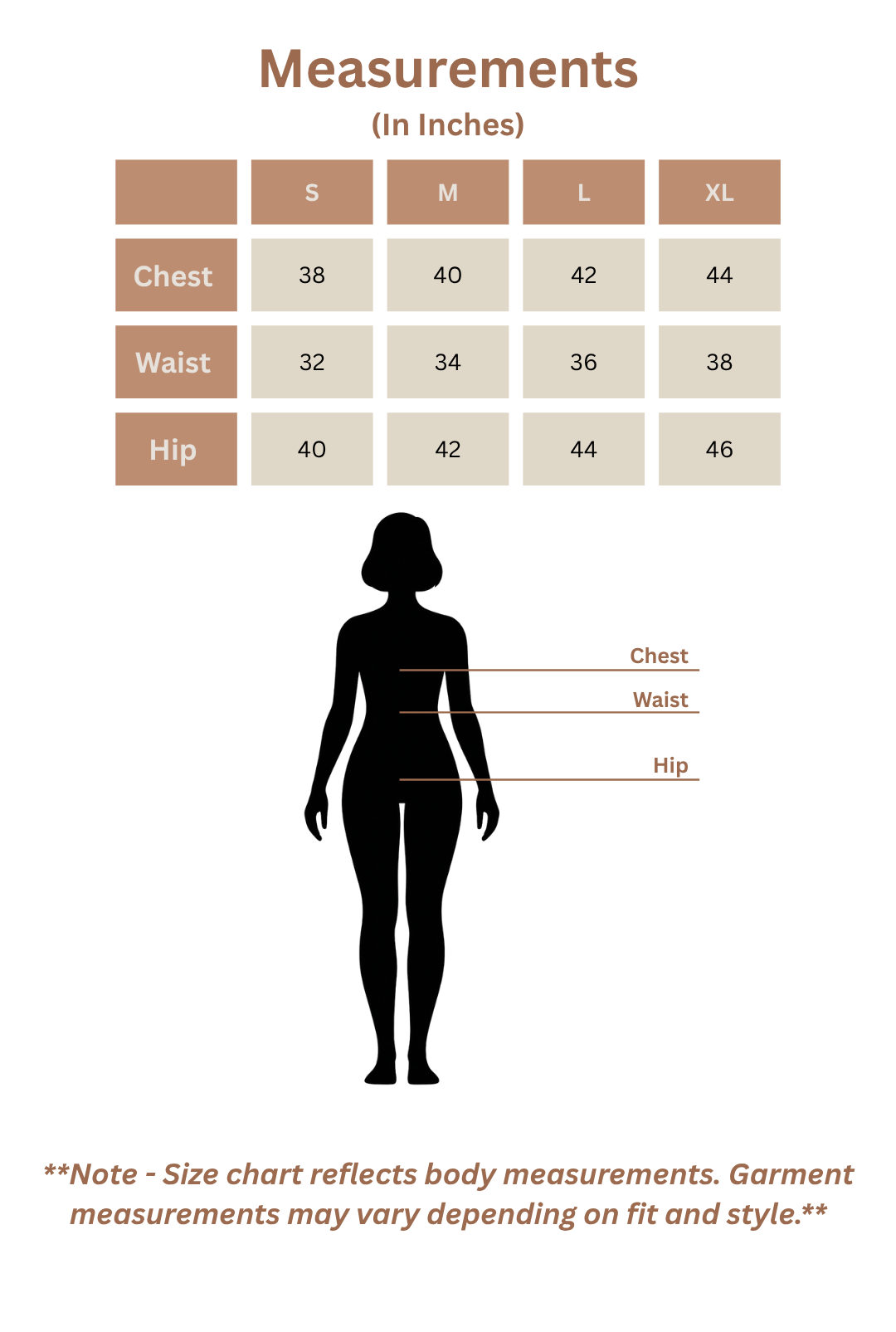 Measurement chart for clothing sizes with a silhouette of a person and labeled body parts.