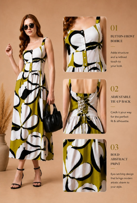 Lime Yellow Rayon Abstract Print Women's Printed Mini Dresses for Women