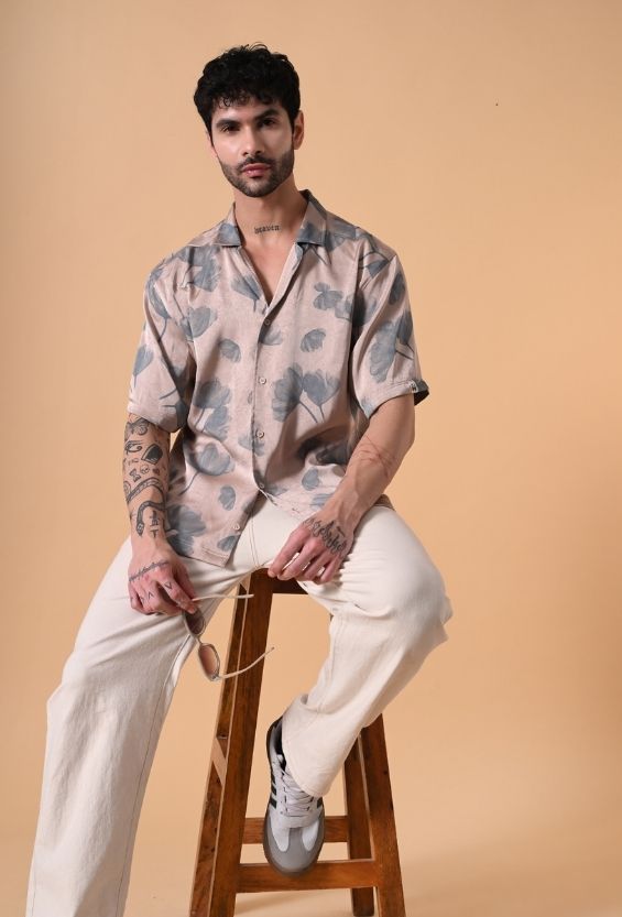 viscose nylon summer shirt men beige blue