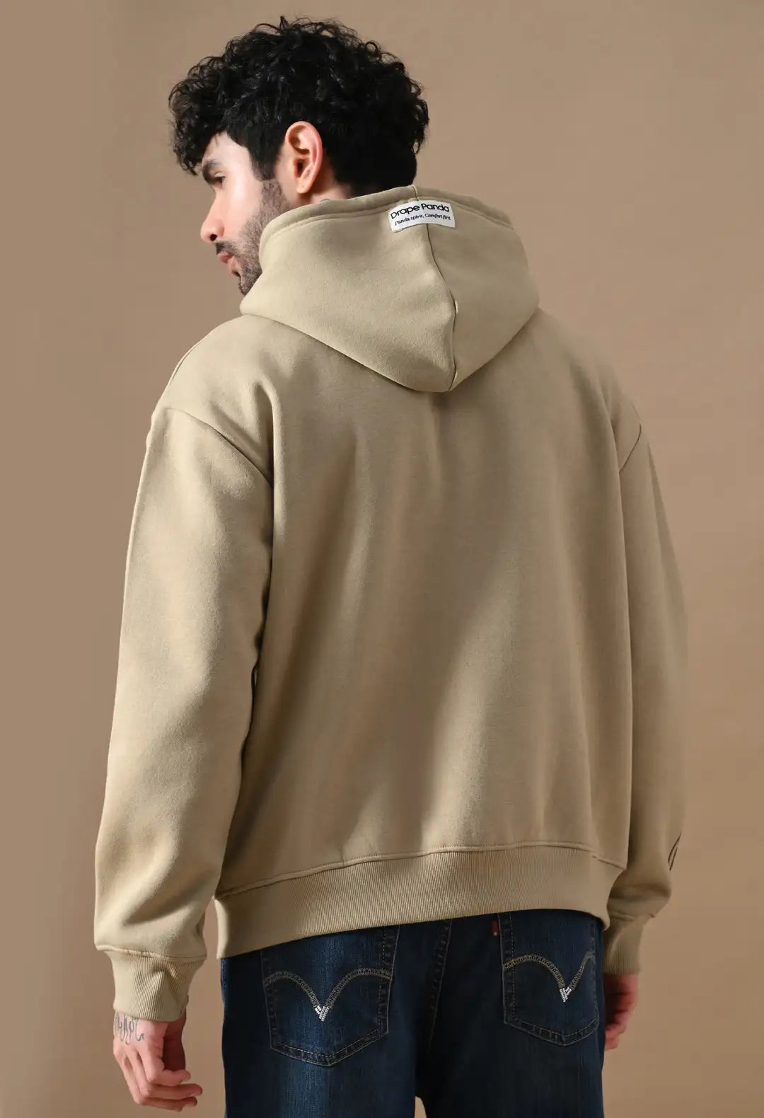 Men's Beige HD & Puff Print Zip up Hoodie