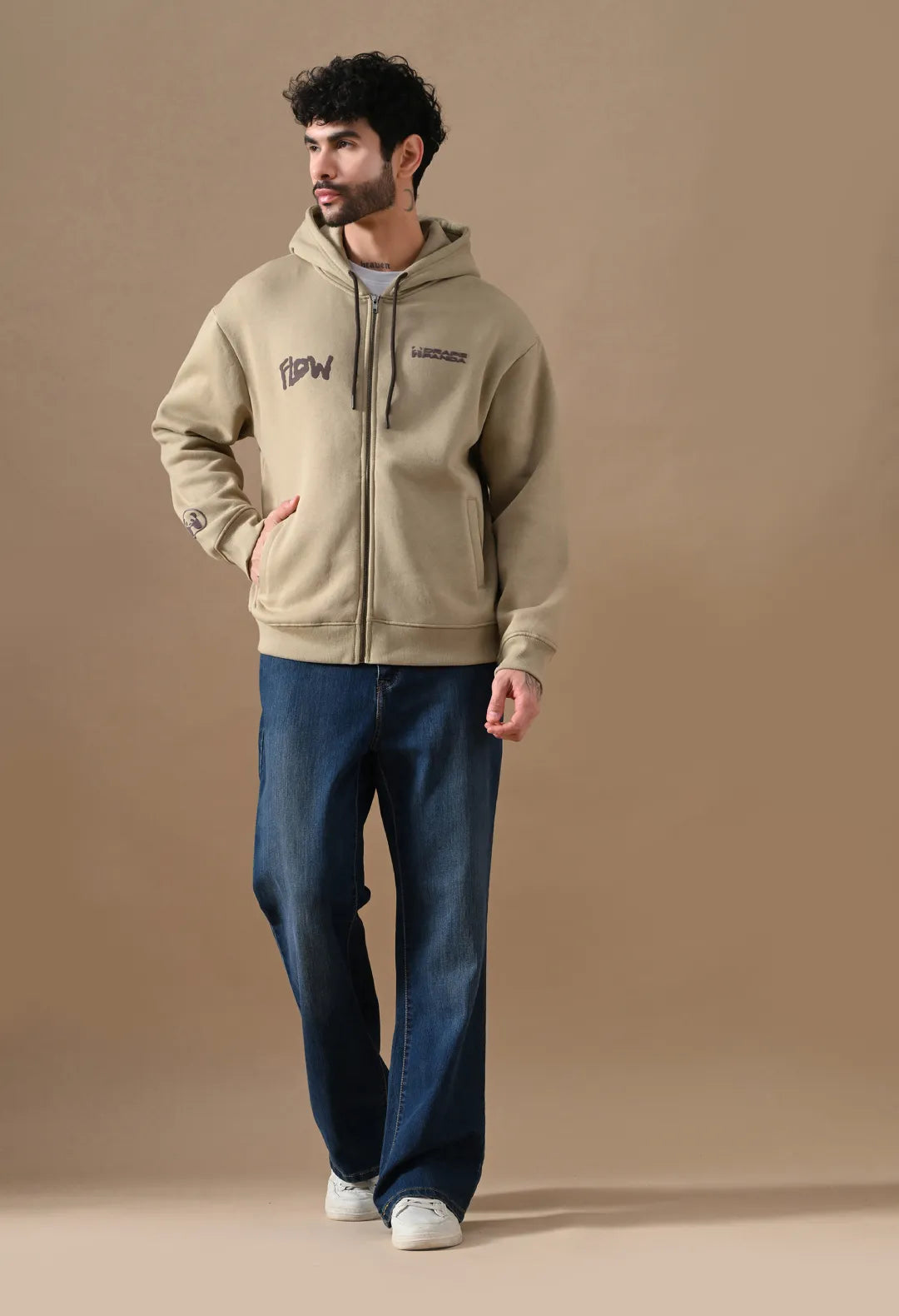 Men's Beige HD & Puff Print Zip up Hoodie