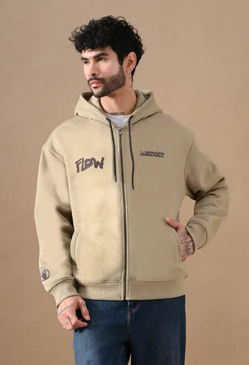 Men's Beige HD & Puff Print Zip up Hoodie