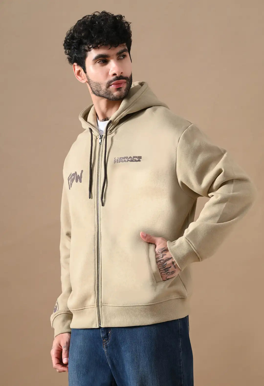 Men's Beige HD & Puff Print Zip up Hoodie