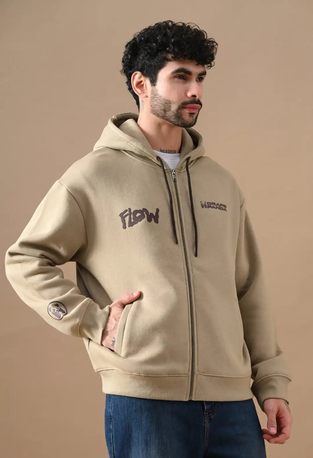 Men's Beige HD & Puff Print Zip up Hoodie