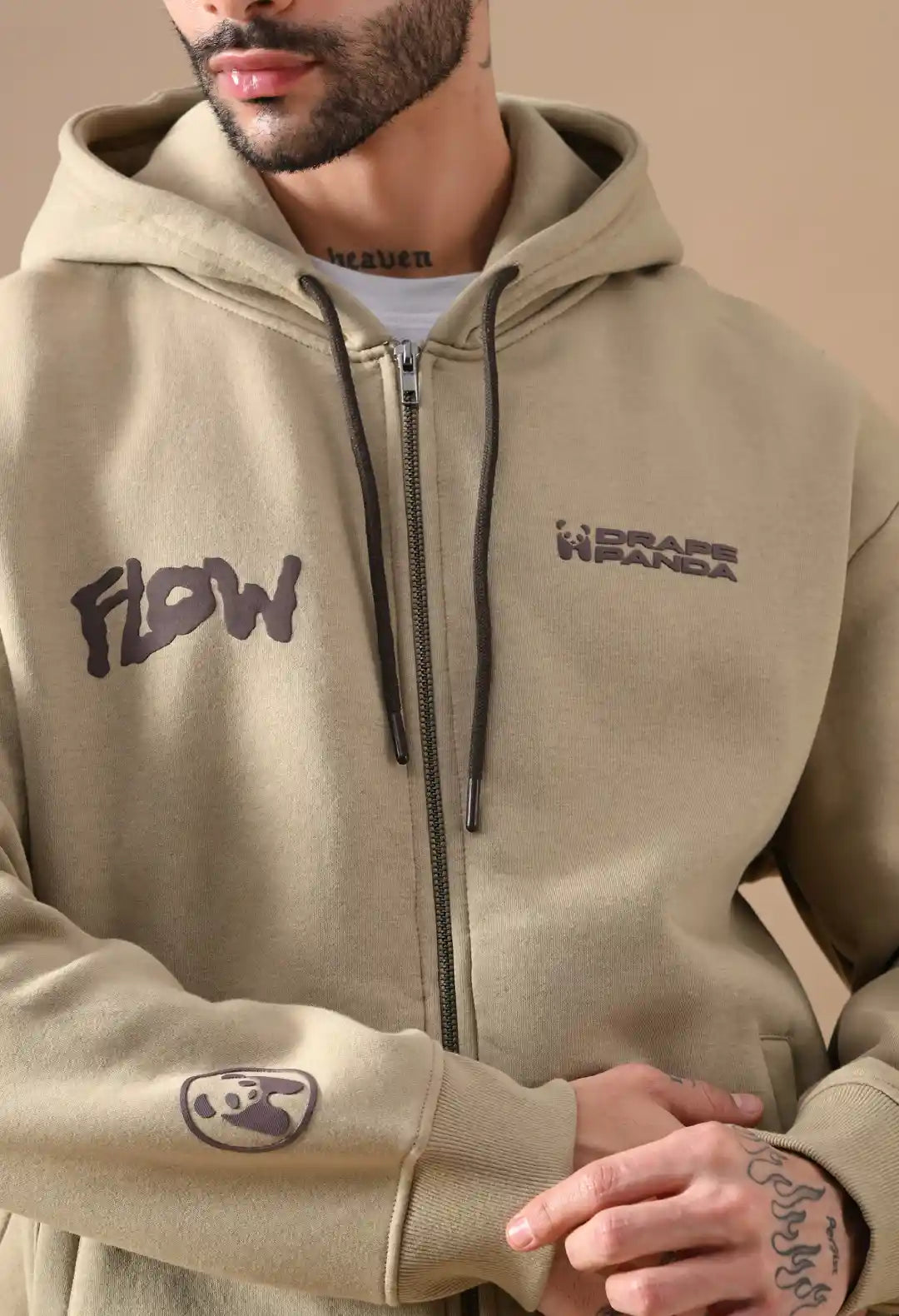 Men's Beige HD & Puff Print Zip up Hoodie