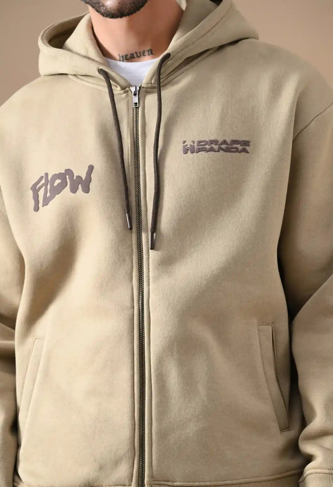 Men's Beige HD & Puff Print Zip up Hoodie