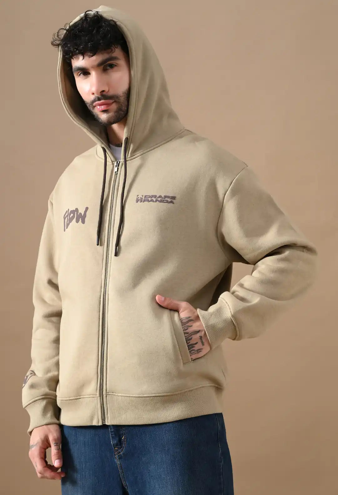 Men's Beige HD & Puff Print Zip up Hoodie