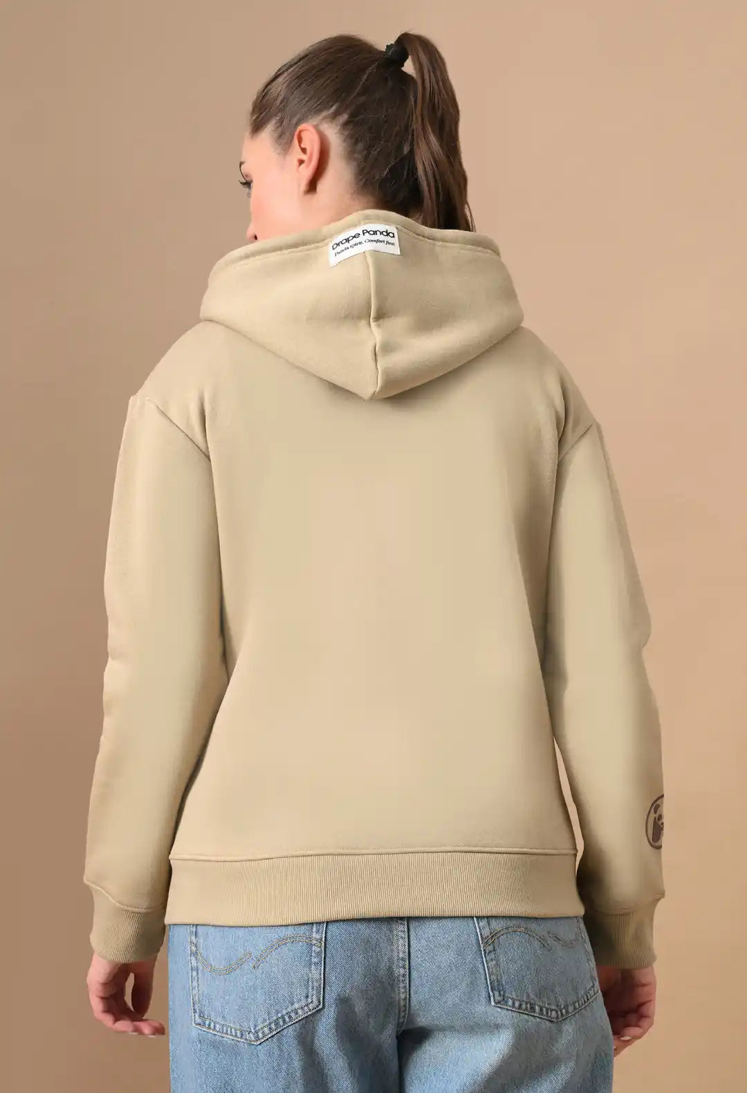 Women's Beige HD & Puff Print Zip up Hoodie