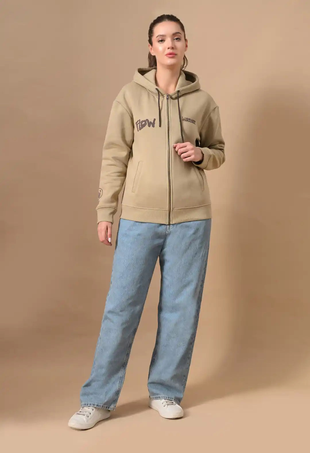 Women's Beige HD & Puff Print Zip up Hoodie