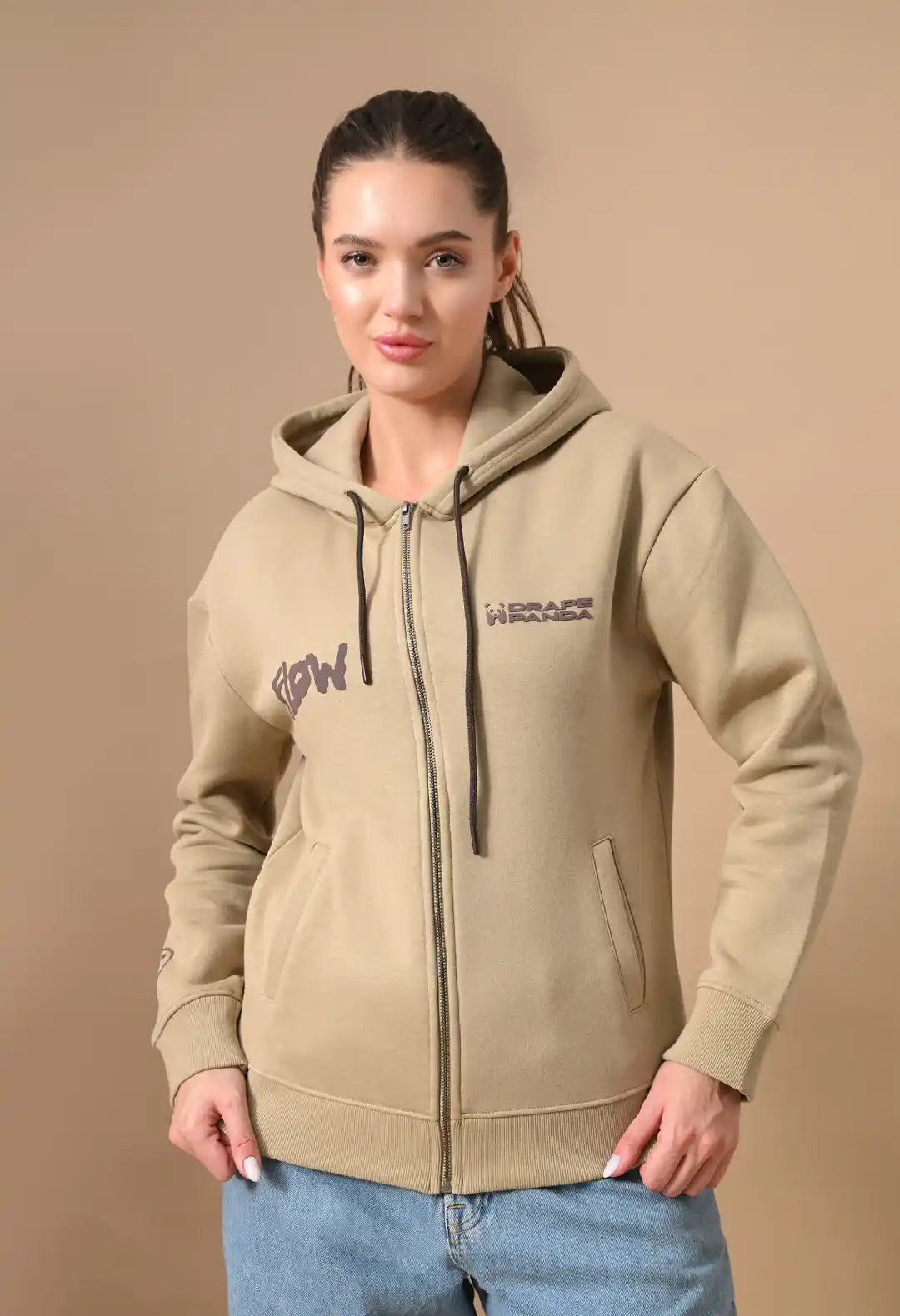 Women's Beige HD & Puff Print Zip up Hoodie