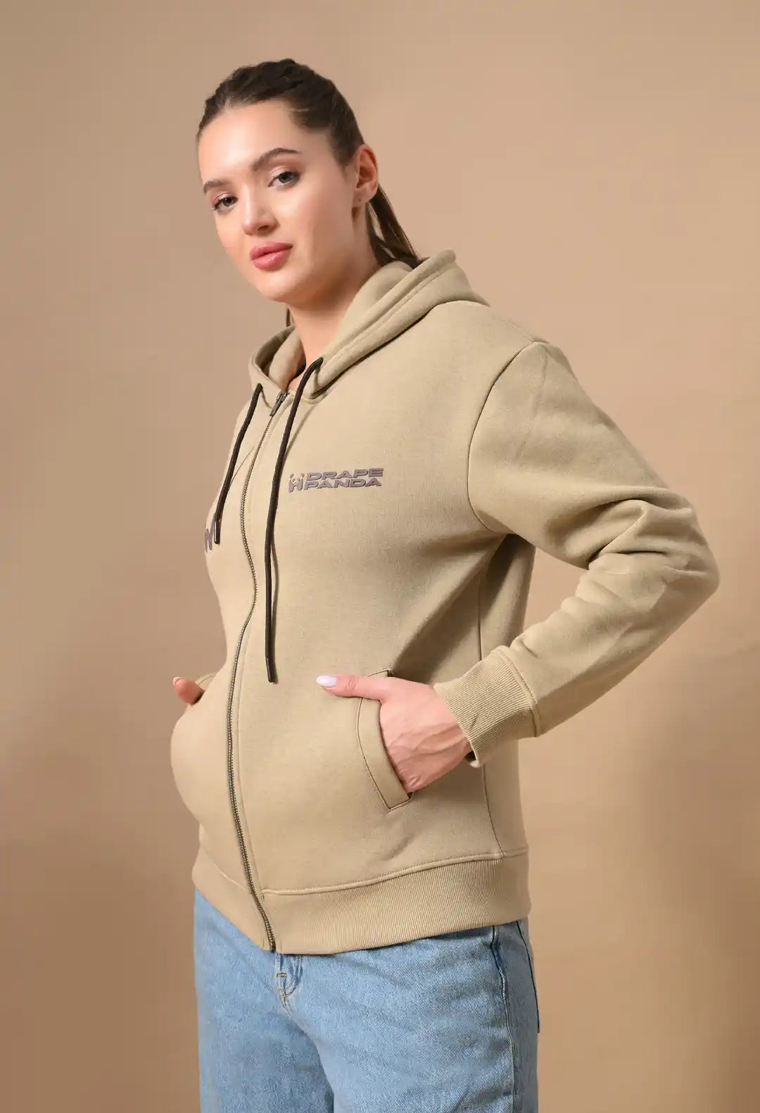 Women's Beige HD & Puff Print Zip up Hoodie