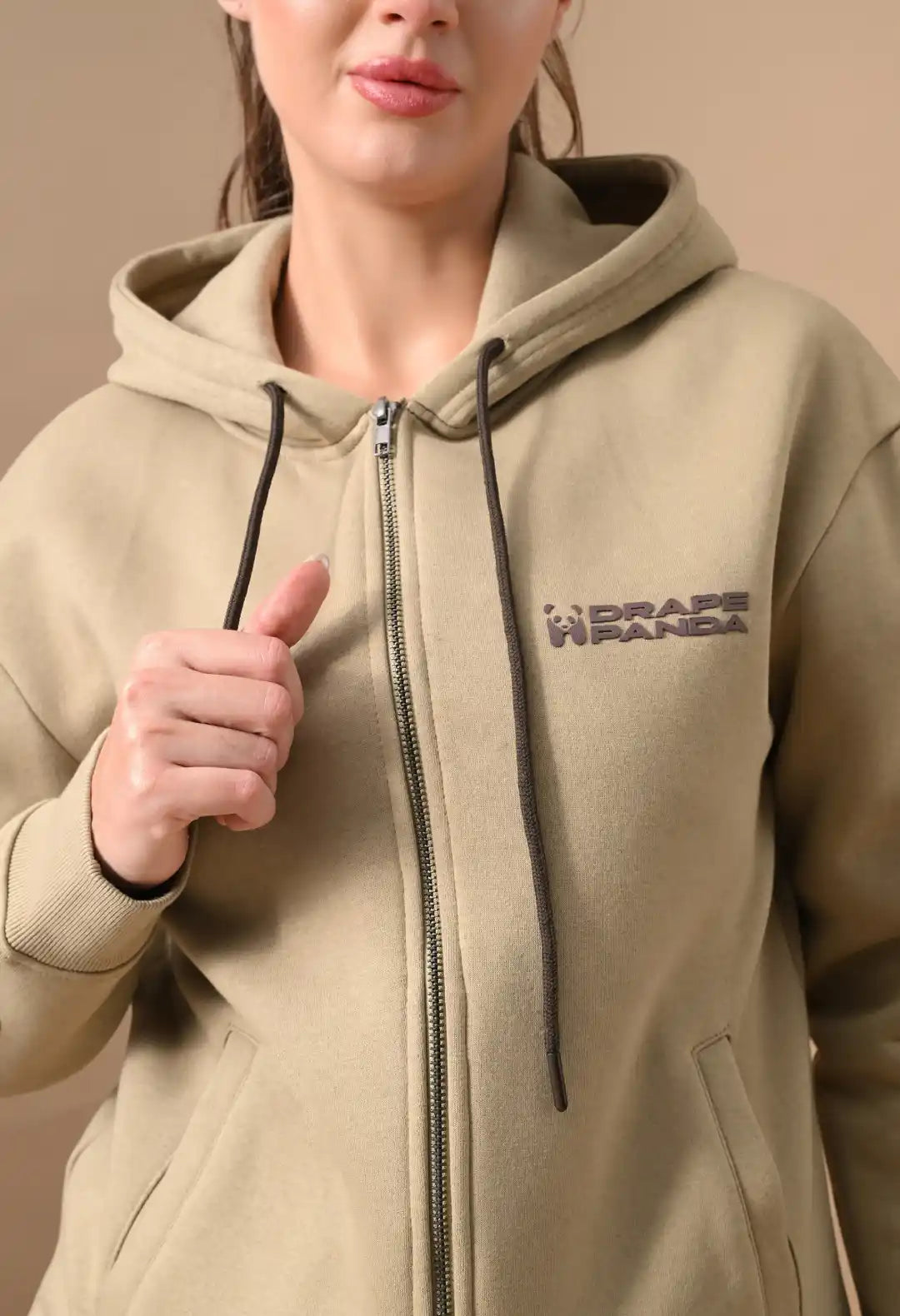 Women's Beige HD & Puff Print Zip up Hoodie